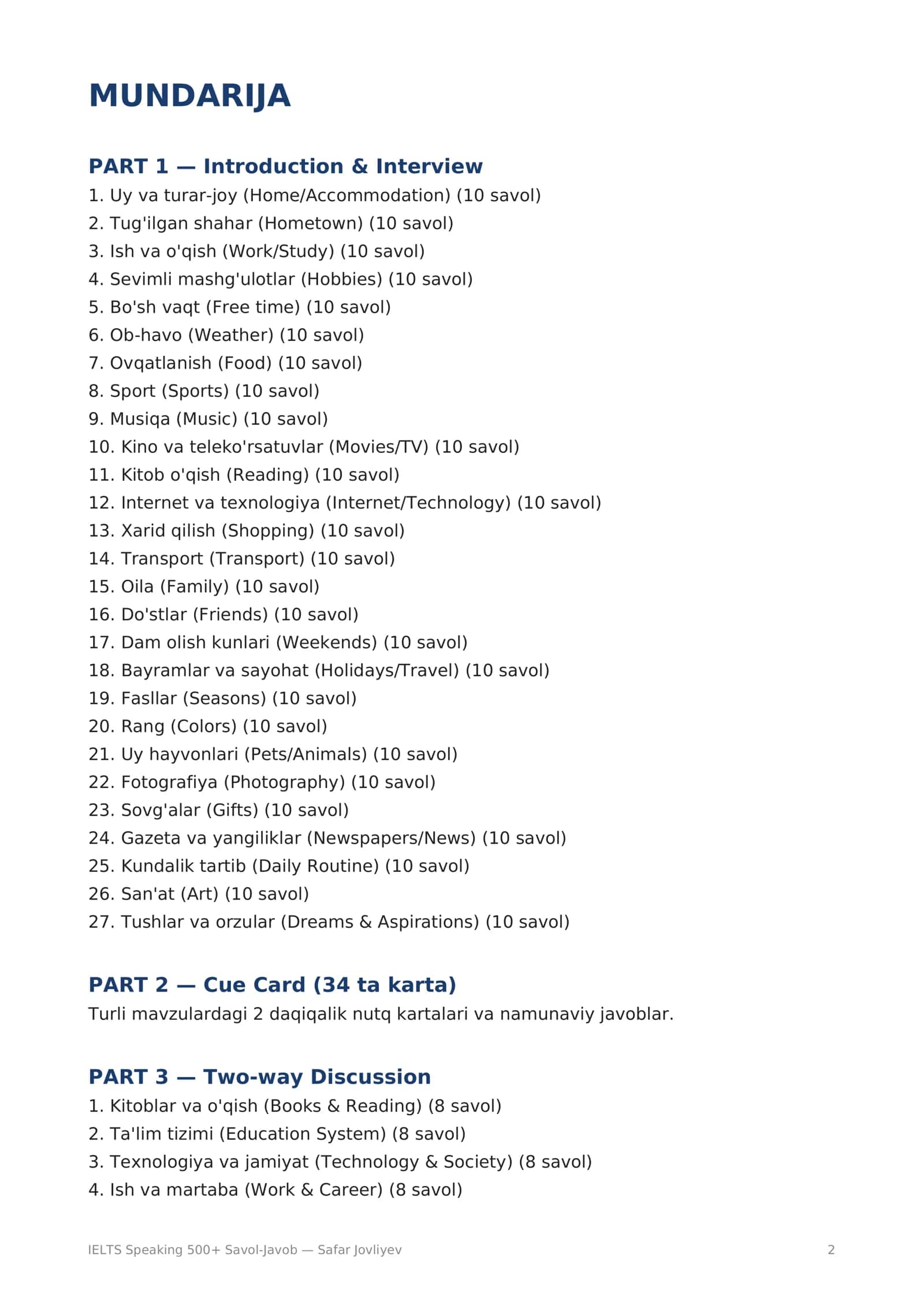 IELTS Speaking 500+ Savol-Javob 2