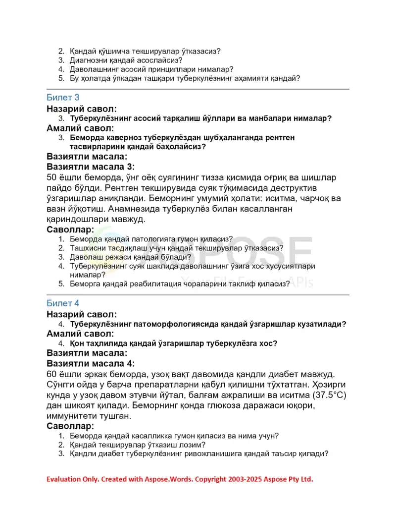 Tuberkulёz mavzusida nazariy va amaliy savollar (Biletlar 1–7) 2