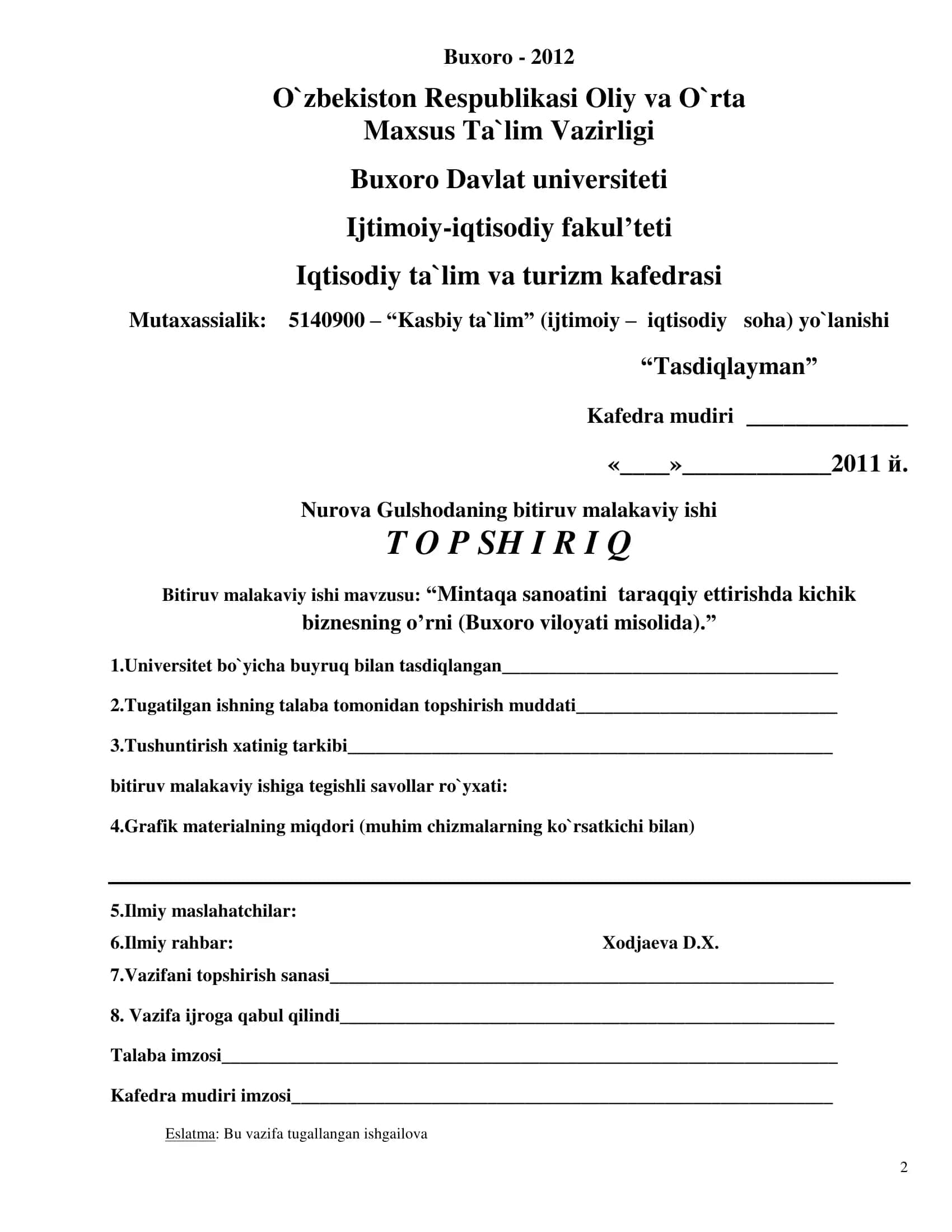 Kasbiy ta`lim - Mintaqa sanoatini taraqqiy ettirishda kichik biznesning o’rni (Buxoro viloyati misolida) 2