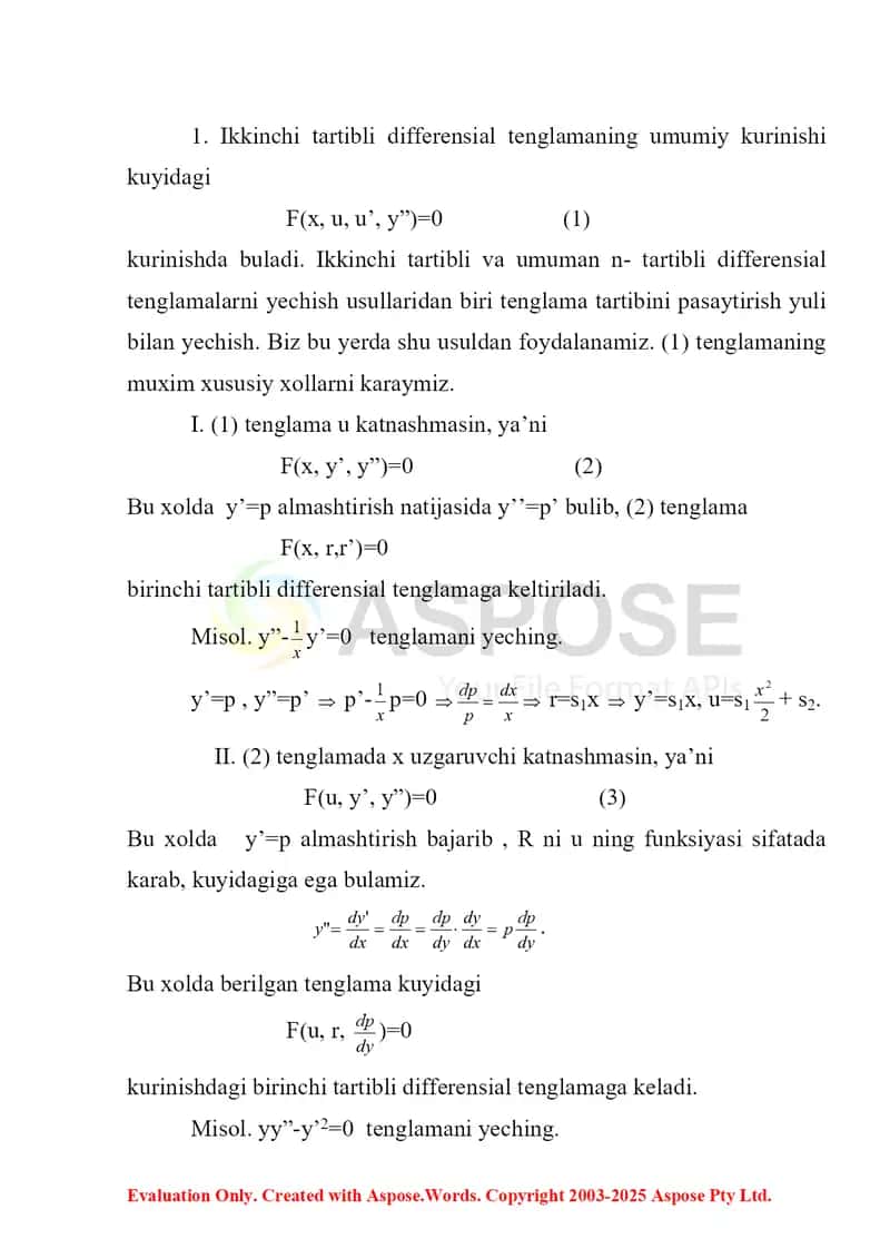 Ikkinchi tartibli differensial tenglamalar va ularni yechishning o'zgarmasni  variatsiyalash usuli 2