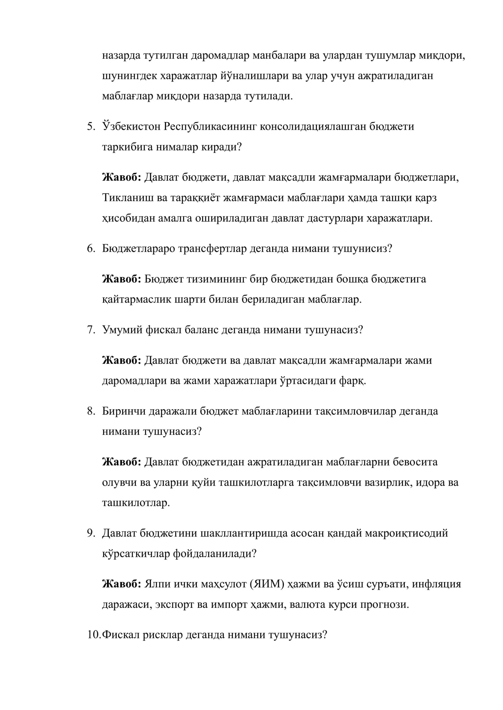 Davlat byudjeti siyosati savol-javoblar 2