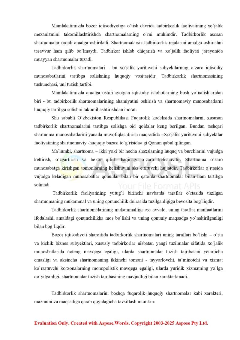 Tadbirkorlik faoliyati sohasida qo`llaniladigan shartnomalar tizimi 2