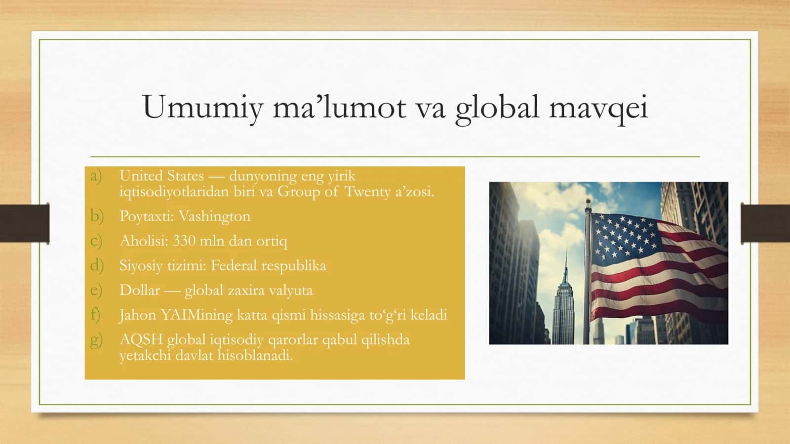 AQSH (Amerika Qo‘shma Shtatlari)  umumiy statistik holati G20 ga kiruvchi davlatdan biri 2