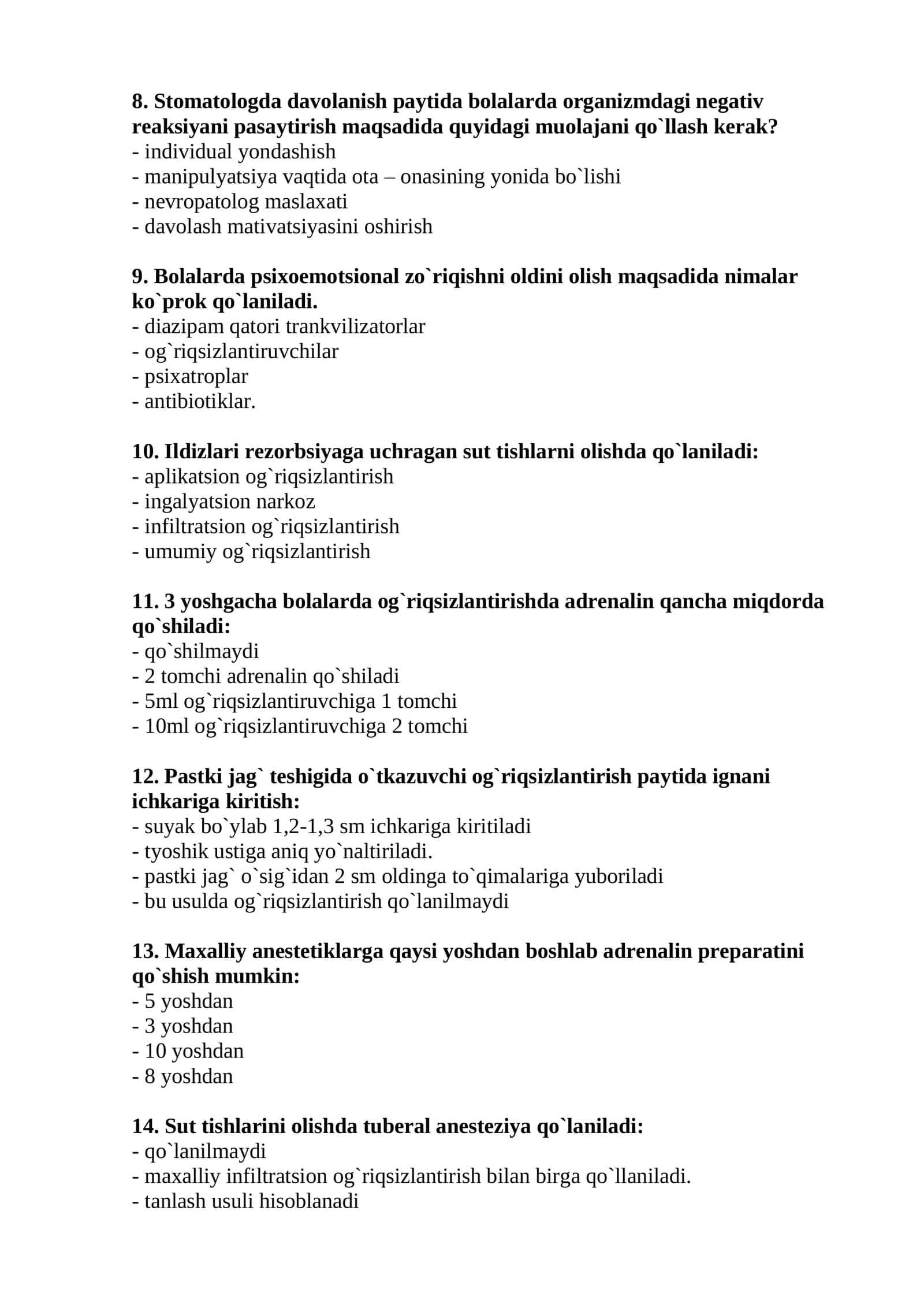 Bolalar yuz-jagʻ xirurgiyasi mutaxassisligi bo'yicha shakllantirilgan test savollari ro'yxati 2