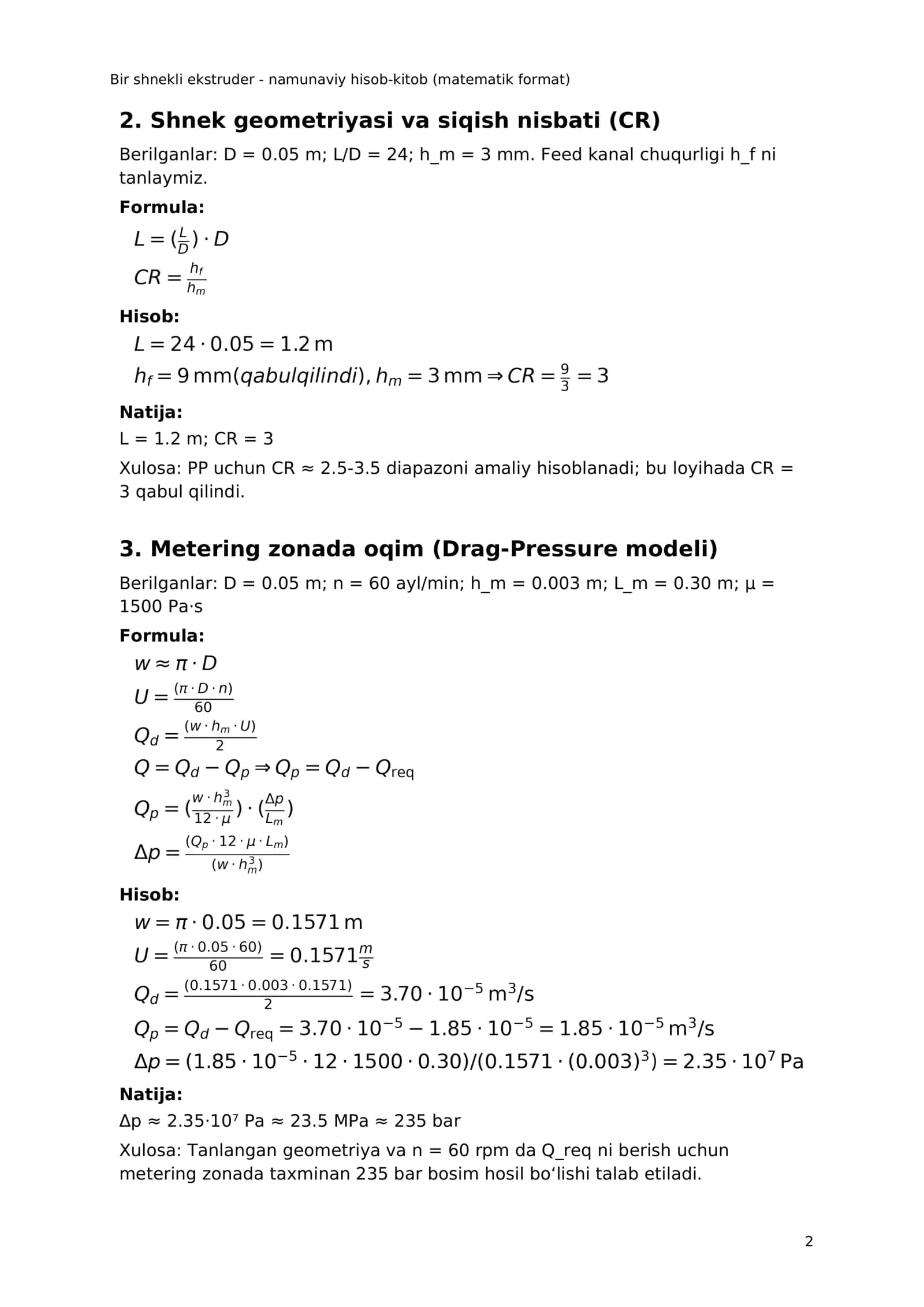 Bir shnekli ekstruder - namunaviy hisob-kitob (matematik format) 2