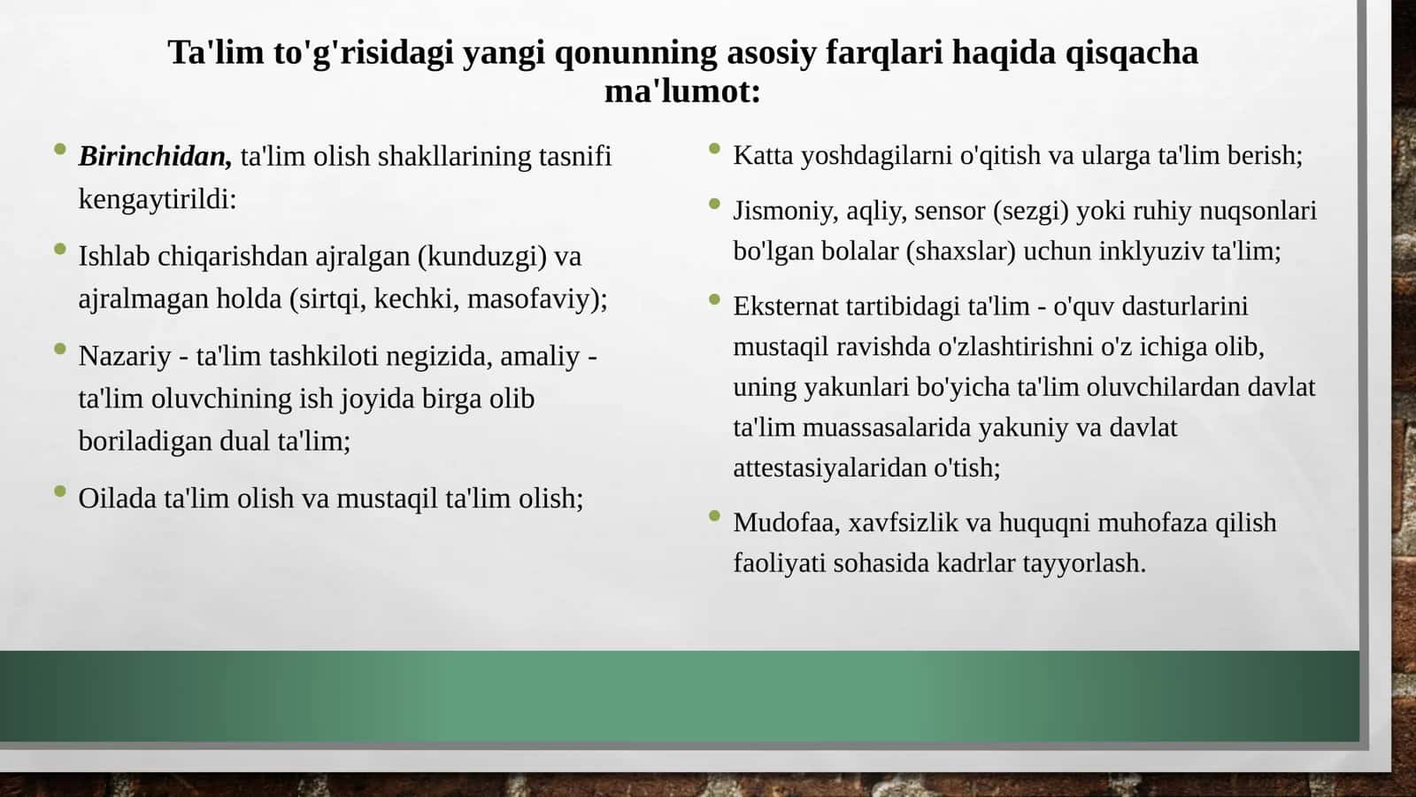 O'ZBEKISTON RESPUBLIKASIDA TA'LIM SOHASIDA AMALGA OSHIRILGAN ISLOHOTLAR 2