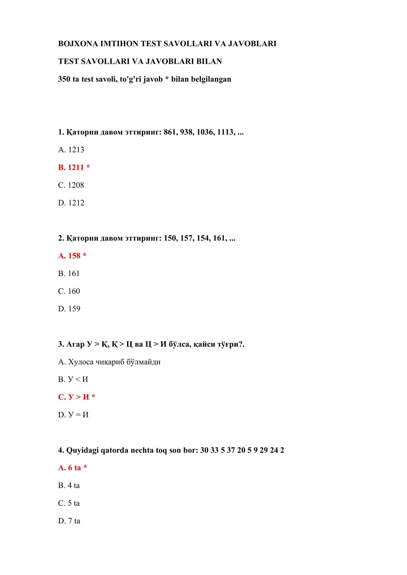 BOJXONA IMTIHON TEST SAVOLLARI VA JAVOBLARI 2
