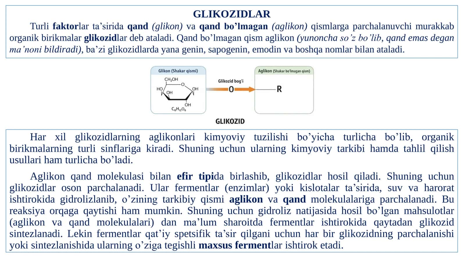 Glikozidlar. Tuzilishi, xossalar, ahamiyati. 2