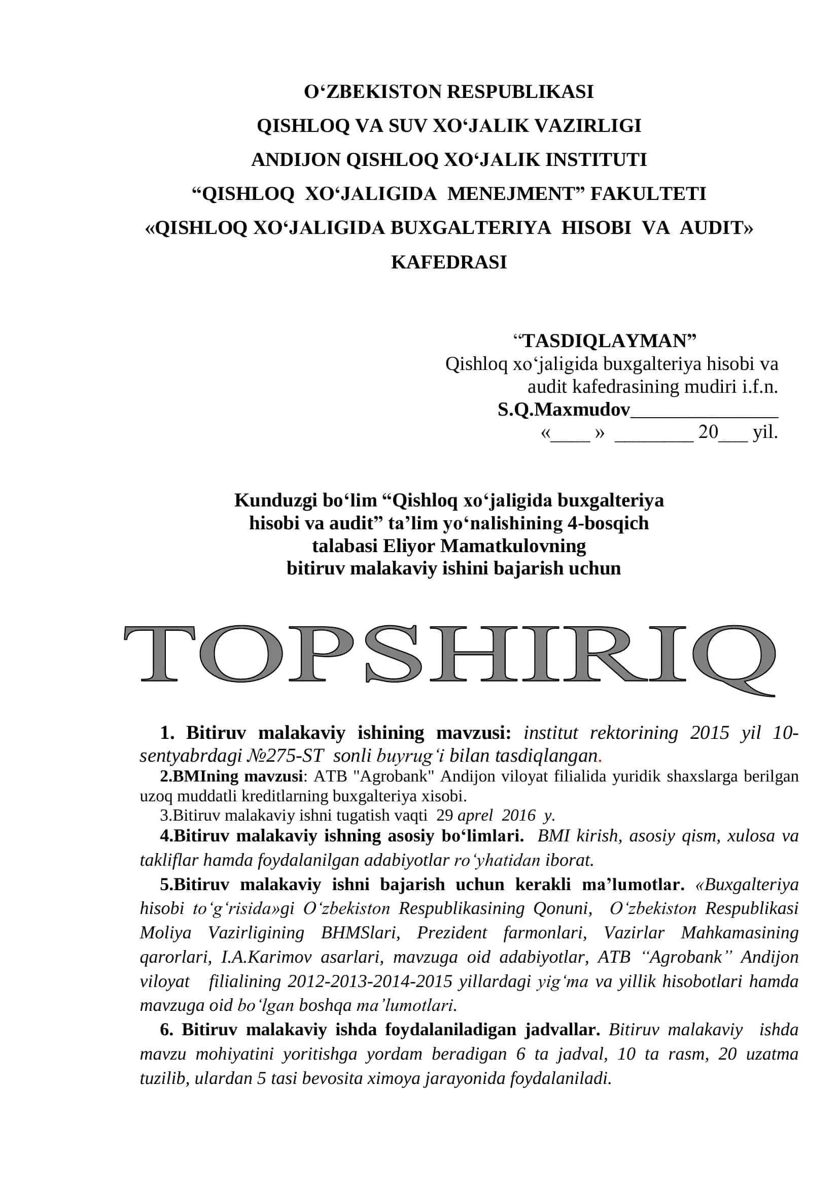 ATB "AGROBANK" ANDIJON VILOYAT FILIALIDA YURIDIK SHAXSLARGA BERILGAN UZOQ MUDDATLI KREDITLARNI BUXGALTERIYA XISOBI 2