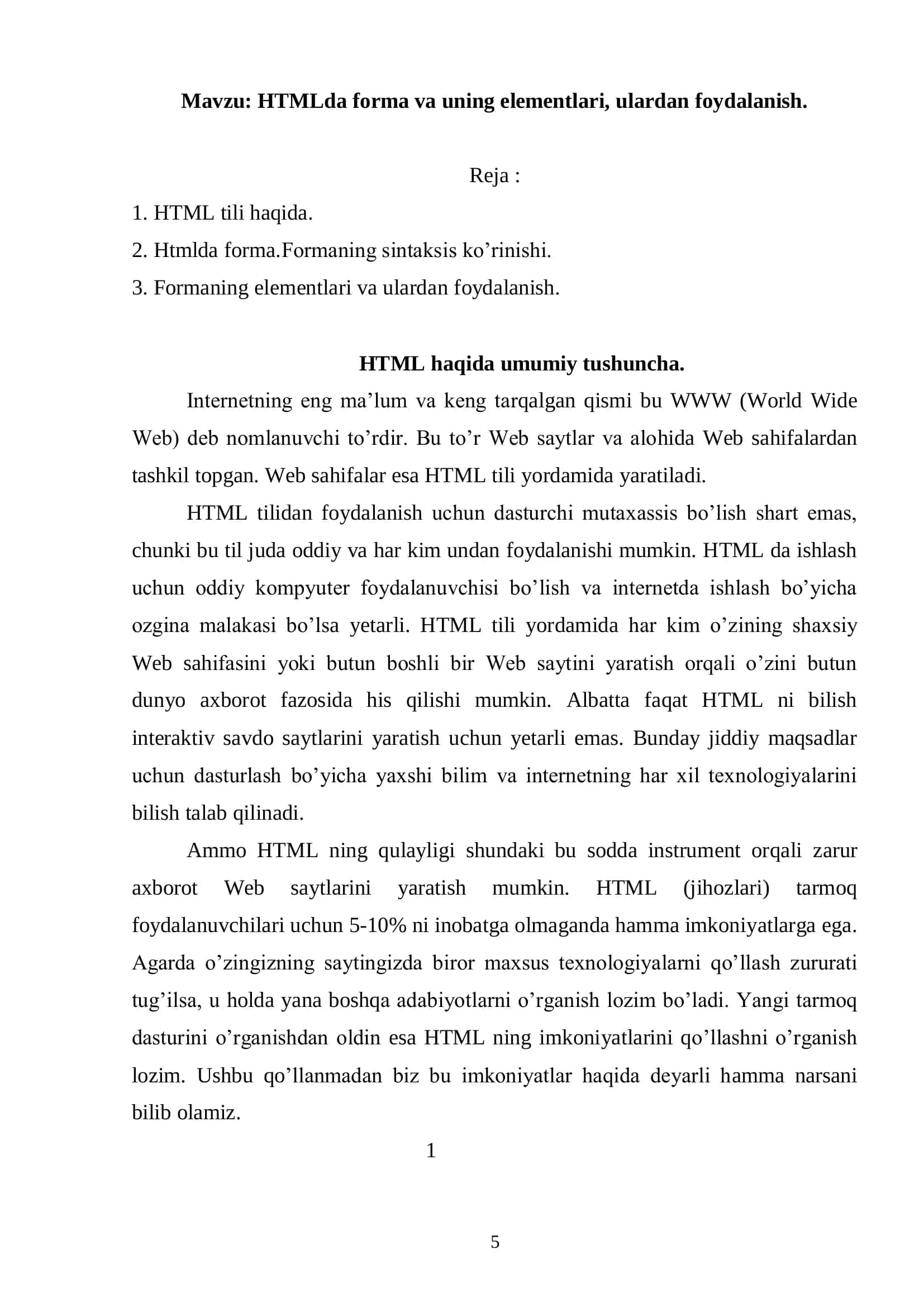 HTMLda forma va uning elementlari, ulardan foydalanish 2