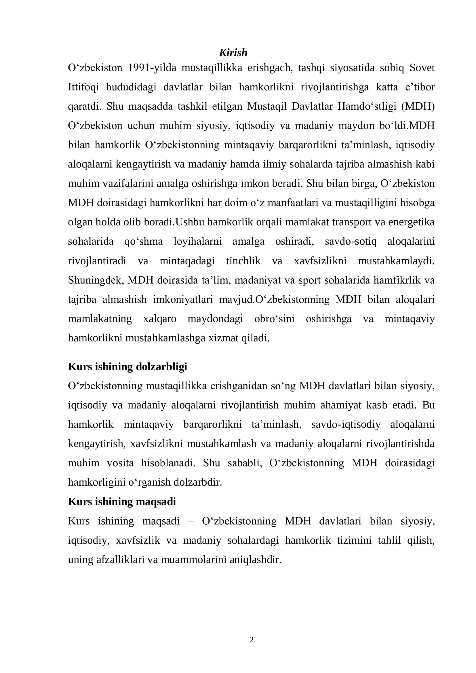 Mustaqil Davlatlar Hamdo'xtligi (MDH) bilan Hamkorlik 2
