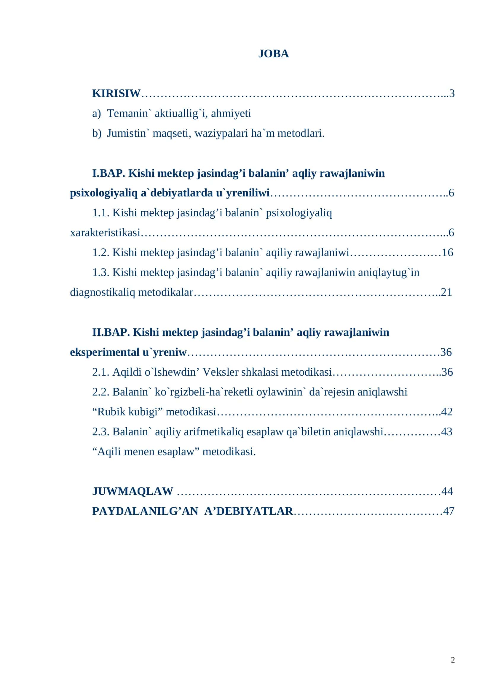 Kishi mektep jasındag’ı balanin’ aqliy rawajlaniwdin’ psixologiyaliq diagnostikasi 2