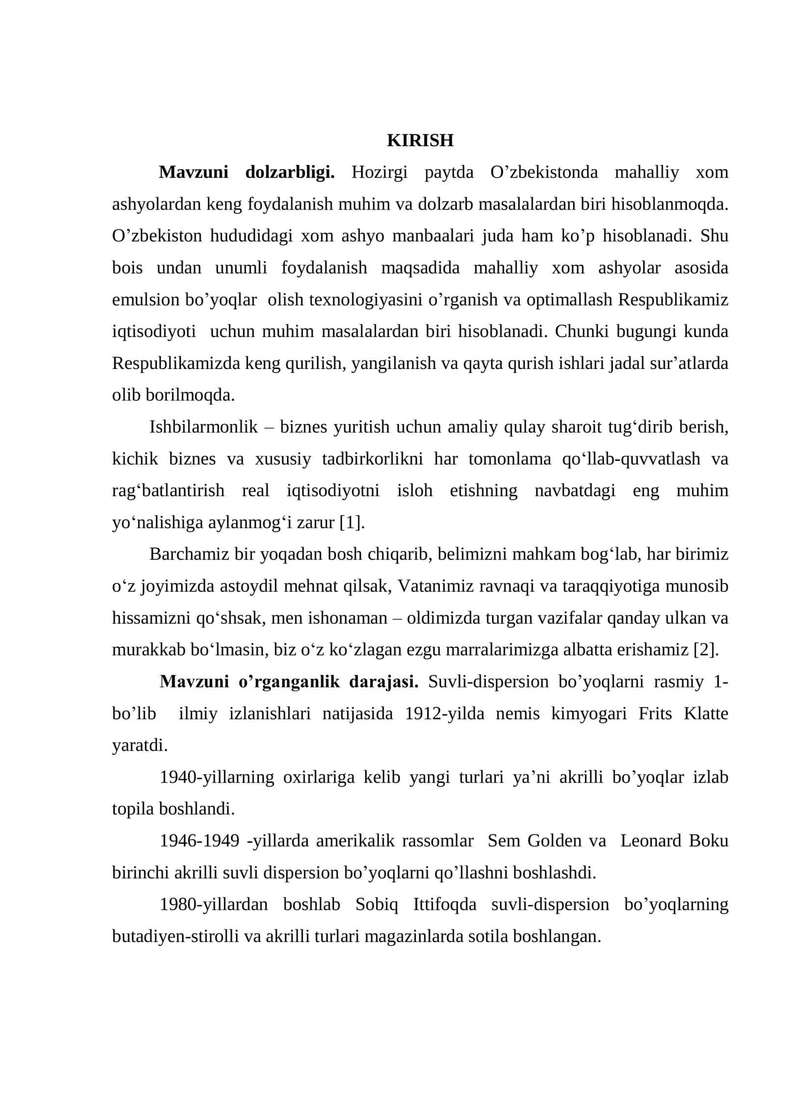 Emulsion bo’yoqlar olish texnologiyasini takomillashtirish 2