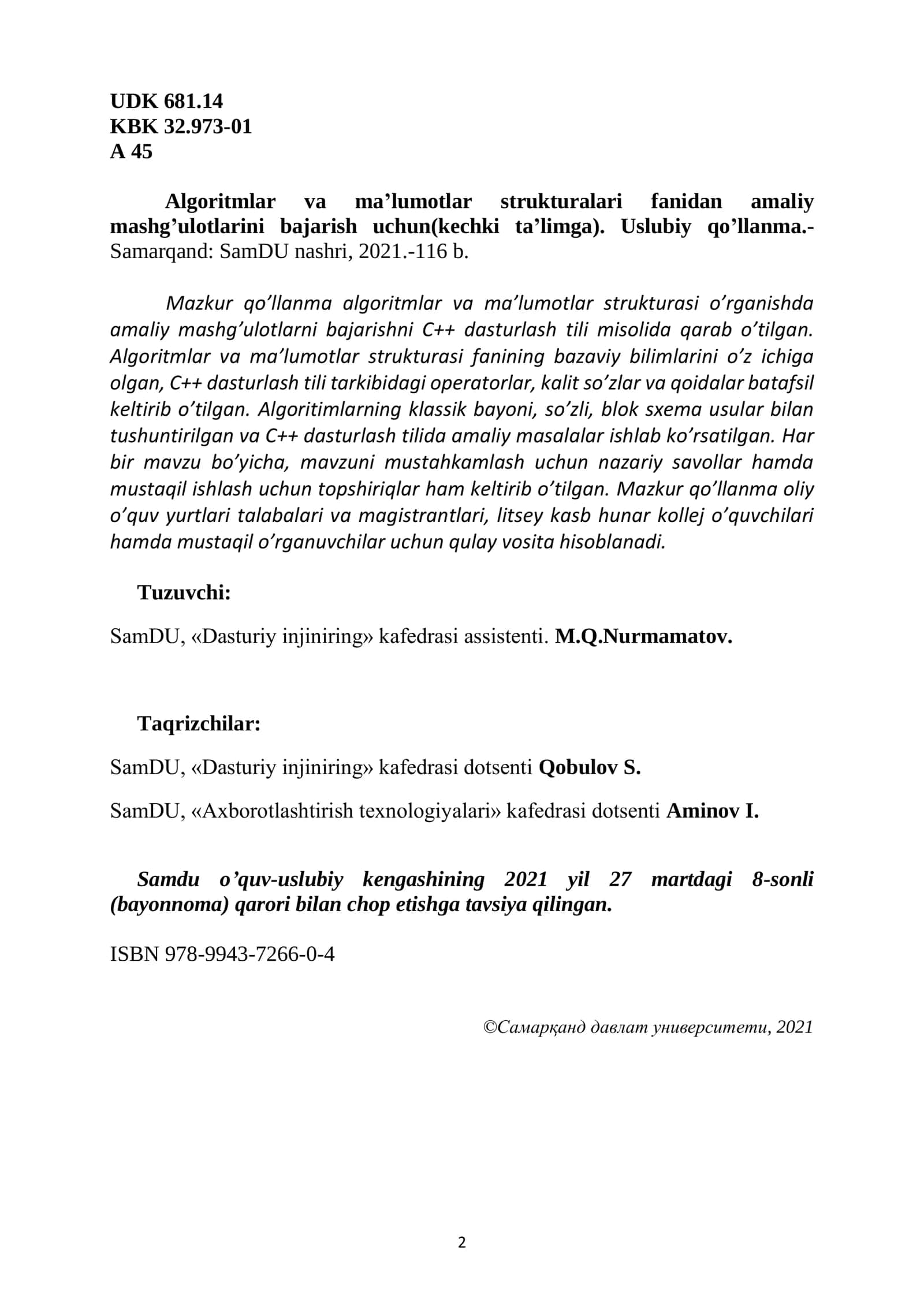 ALGORITMLAR VA MA`LUMOTLAR STRUKTURALARI FANIDAN AMALIY MASHG’ULOTLARNI BAJARISH UCHUN(kechki ta’limga) USLUBIY QO’LLANMA 2