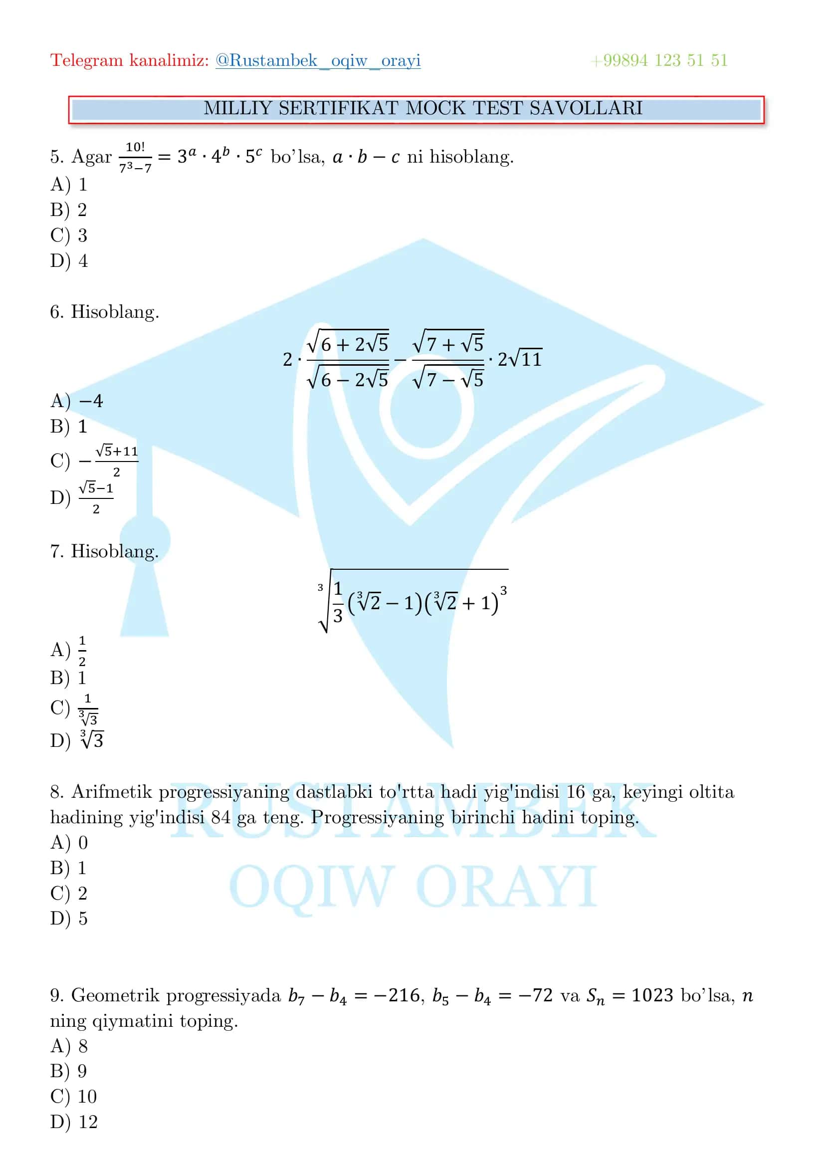 MILLIY SERTIFIKAT MOCK TEST SAVOLLARI 2