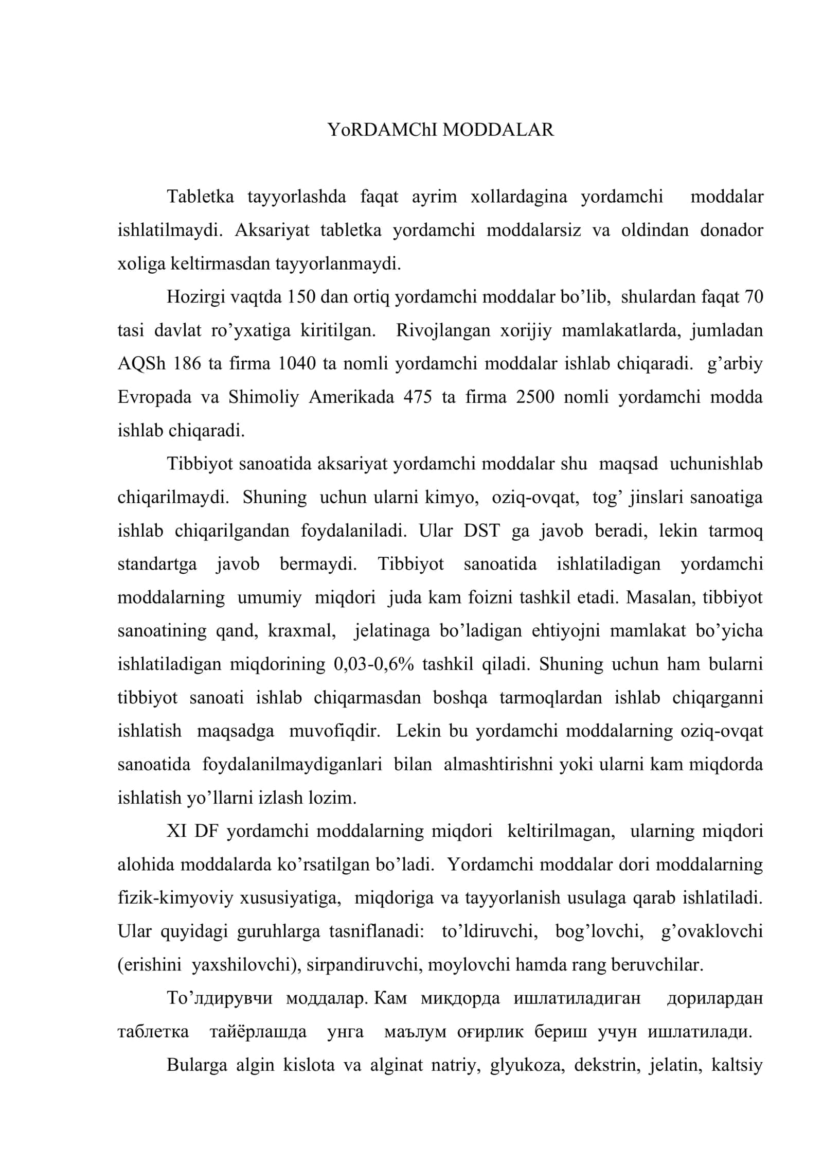 Yordamchi moddalarni tabletka ishlab chiqarishdagi ahamiyati 2