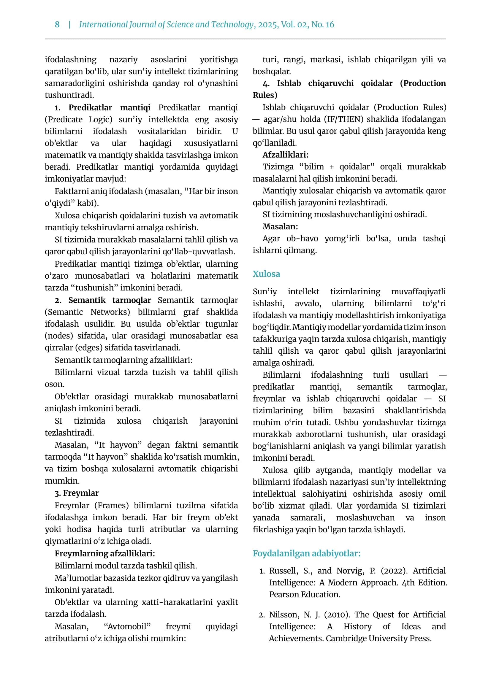 SUN’IY INTELLEKTDA MANTIQIY MODELLAR VA BILIMLARNI IFODALASHNING NAZARIY ASOSLARI 2