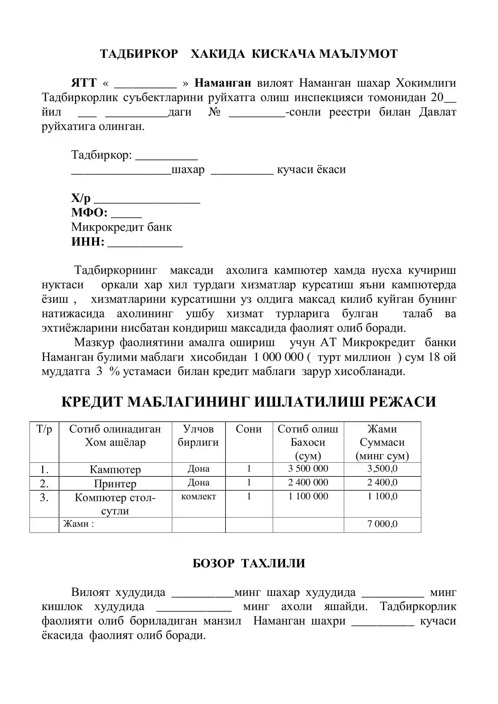 Kompyuter xizmatlari biznes reja 2