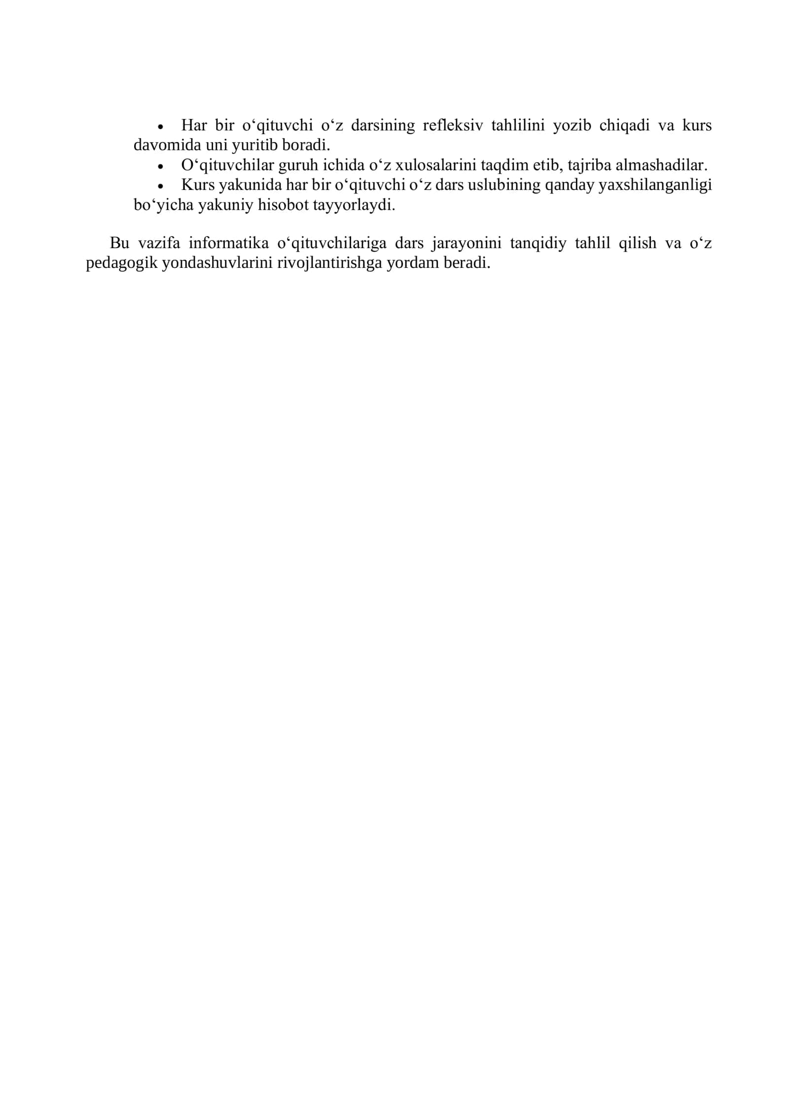 Richardning reflektiv modeli asosida informatika o‘qituvchilari uchun amaliy vazifa 2