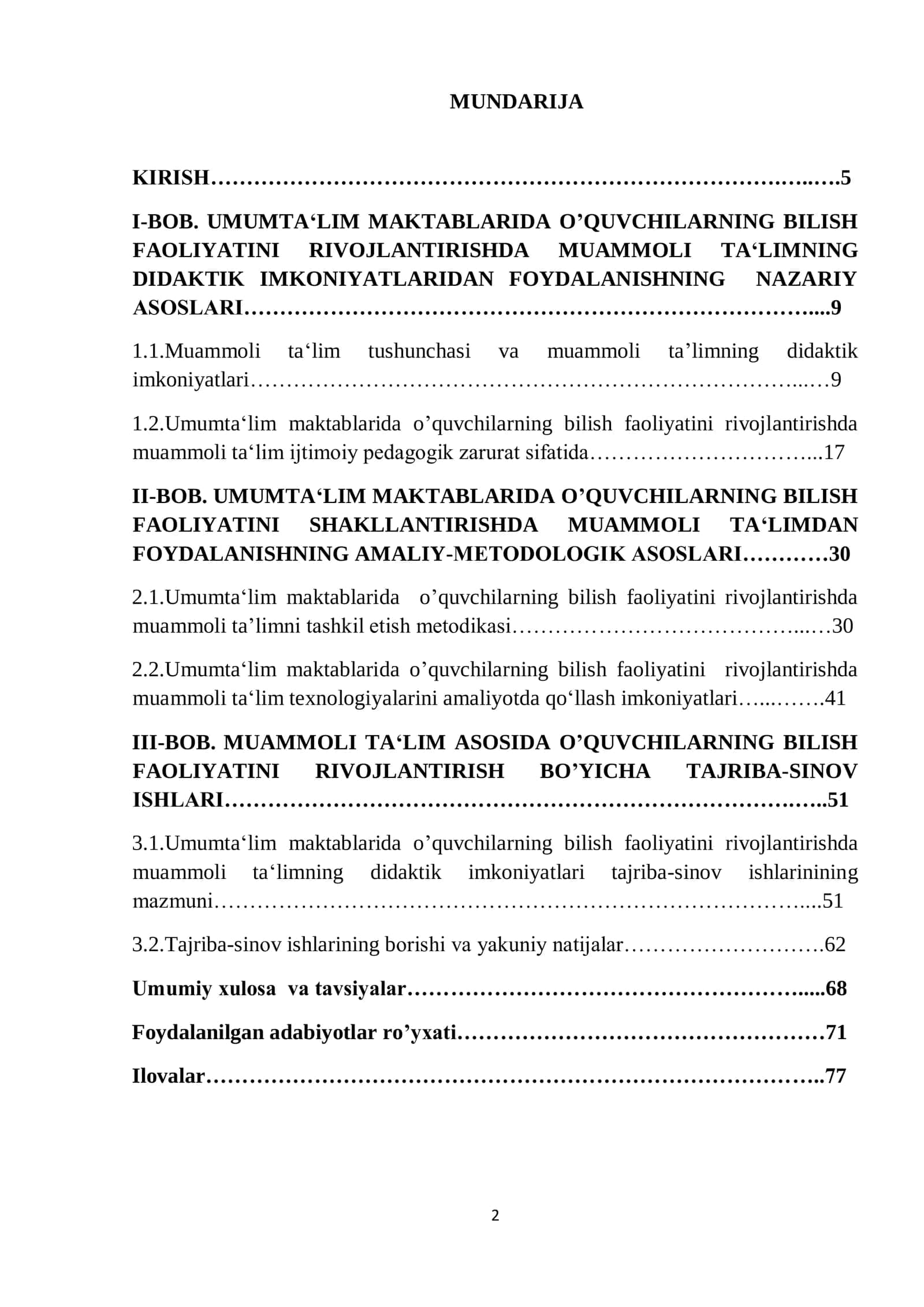 BITIRUV MALAKAVIY ISHI Umumtaʻlim maktablarida o’quvchilarning bilish faoliyatini rivojlantirishda  muammoli taʻlimning didaktik imkoniyatlari 2