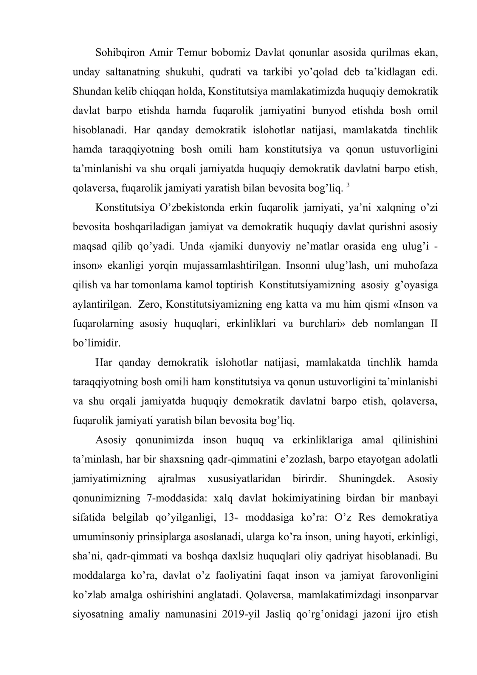 Huquqiy demokratik davlat va fuqarolik jamiyati asoslarining barpo etilishi 2