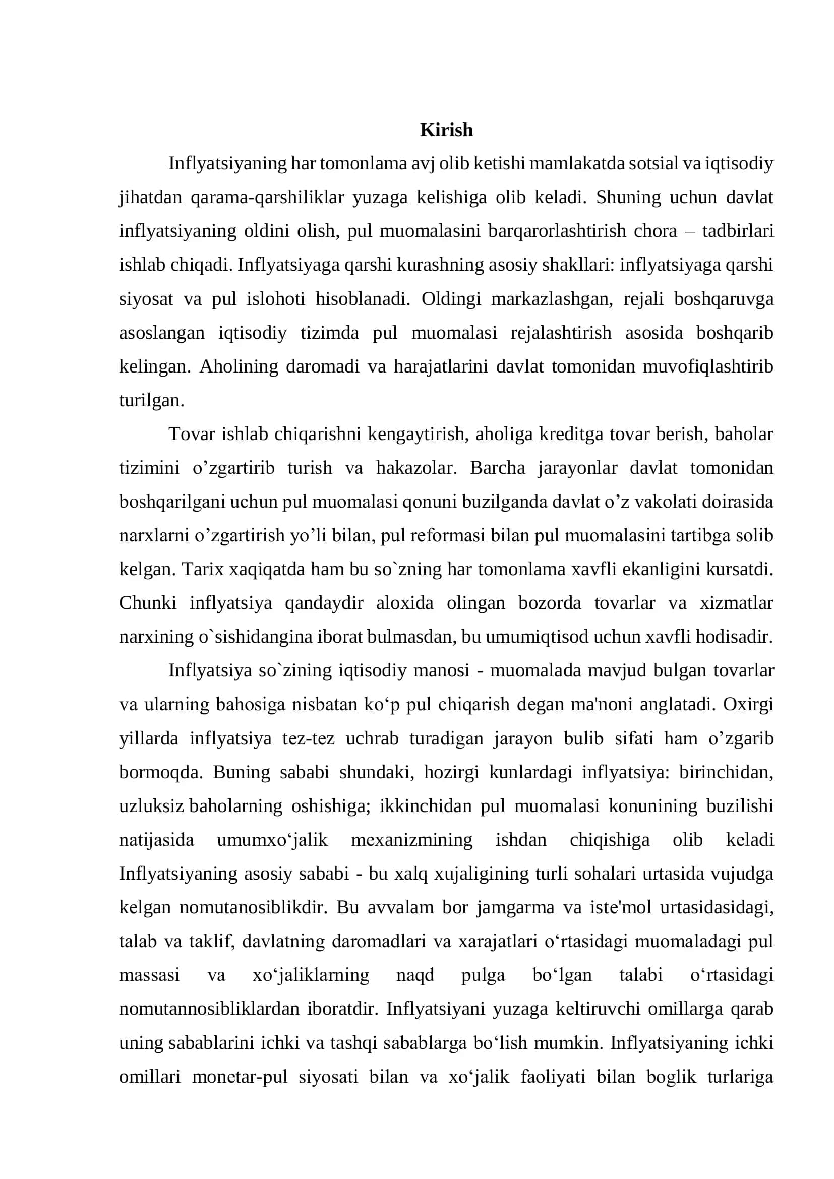 “Inflyatsiya, uning kelib chiqishi va oqibatlari” — tayyor kurs ishi (PDF) 2