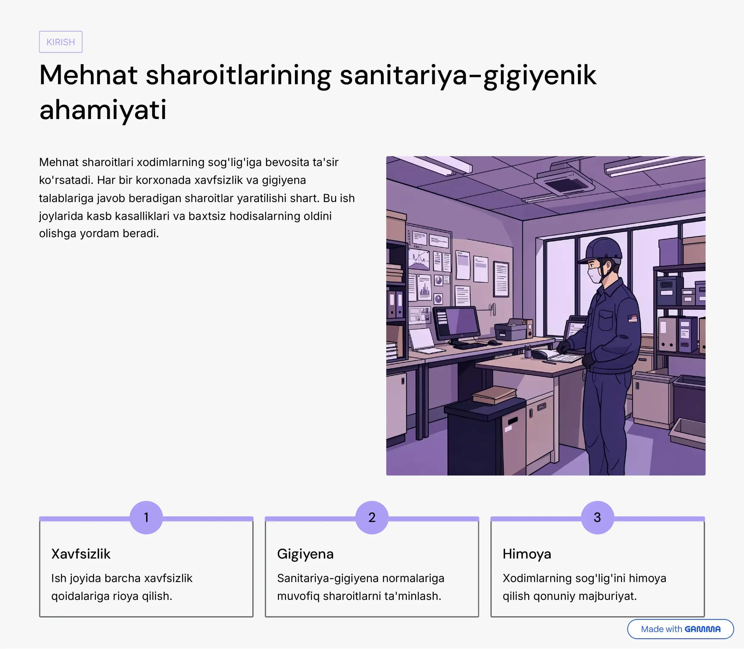 Mehnatning sanitar-gigiyenik sharoitlari va xodimlarga tibbiy xizmat ko‘rsatish 2