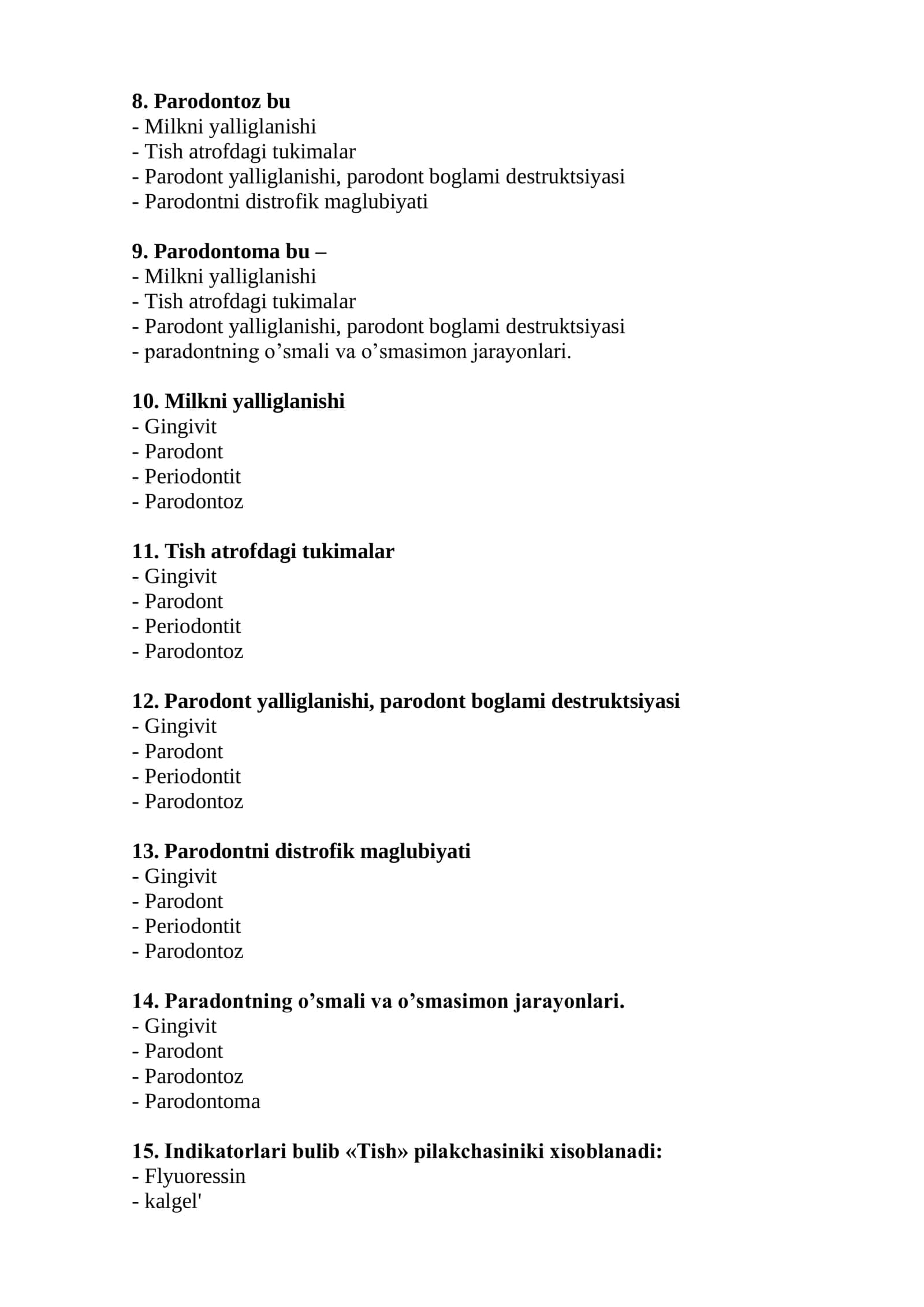 Bolalar stomatologiyasi mutaxassisligi bo'yicha shakllantirilgan test savollari ro'yxati 2026 2