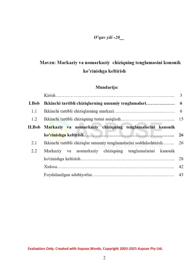 Markaziy va nomarkaziy  chiziqning tenglamasini kononik ko’rinishga keltirish kurs ishi 2