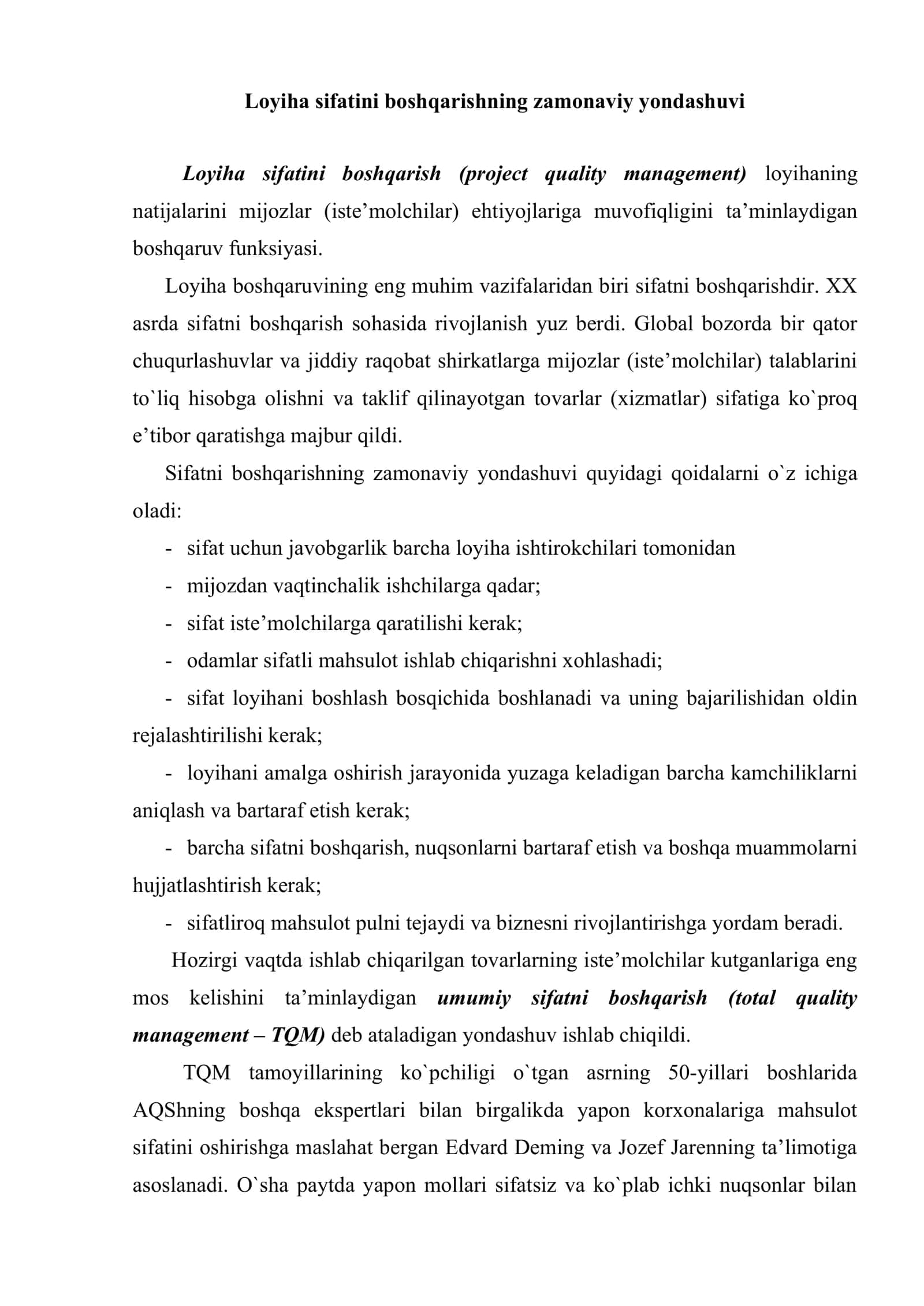 Loyiha sifatini boshqarish 2