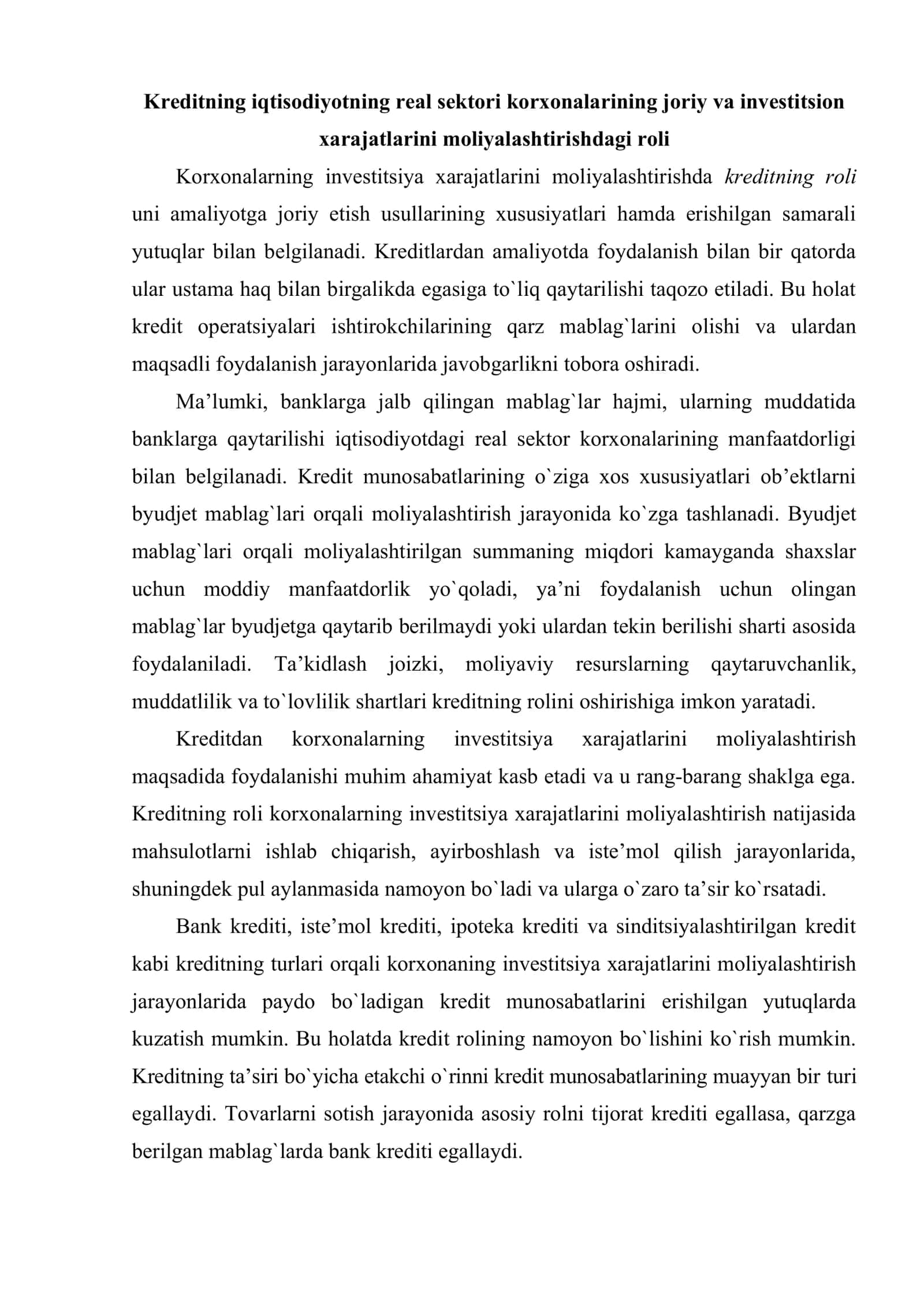 Kreditning milliy iqtisodiyotni rivojlantirishdagi roli 2