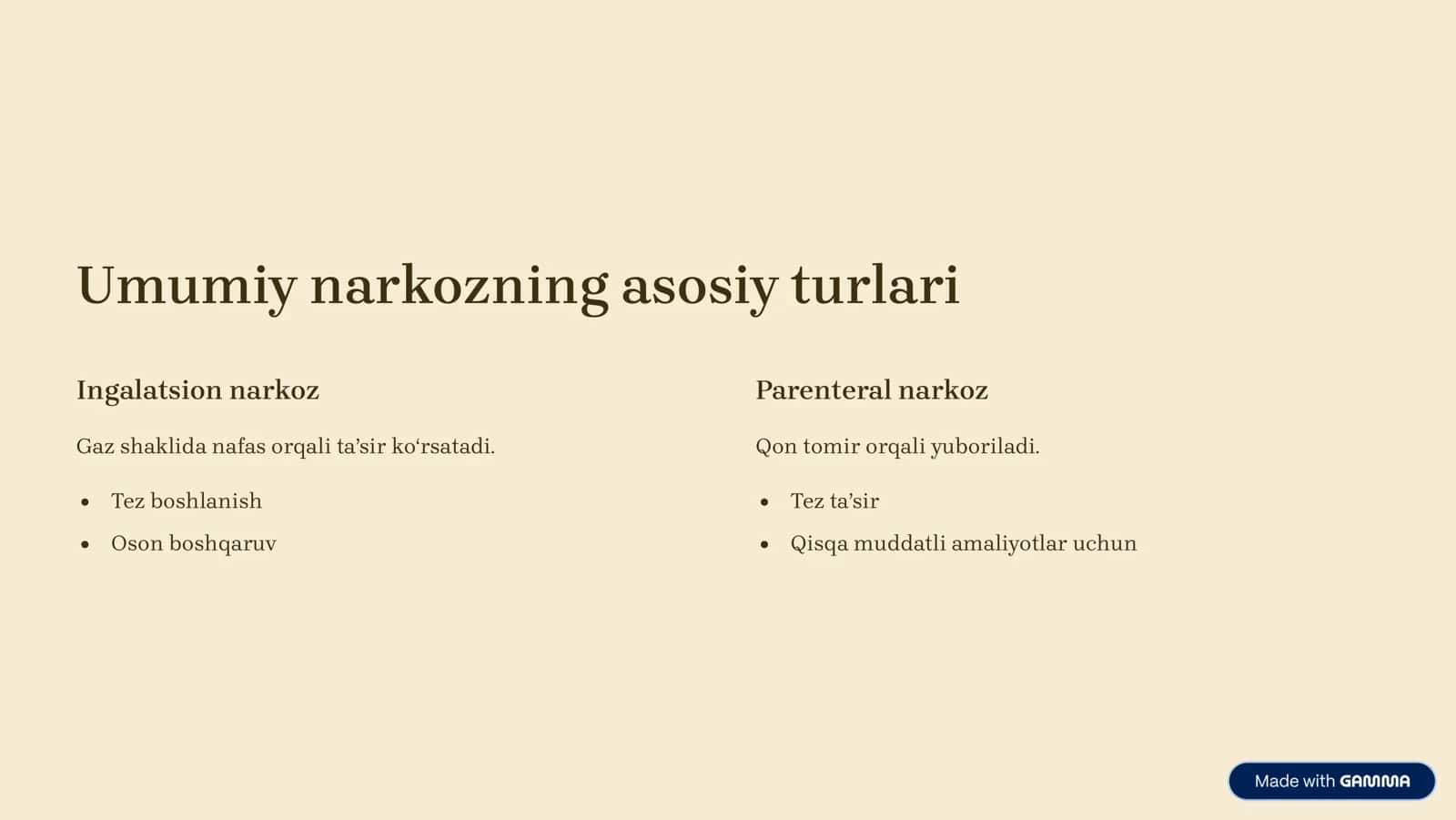 Umumiy narkoz uchun zamonaviy dori vositalari 2