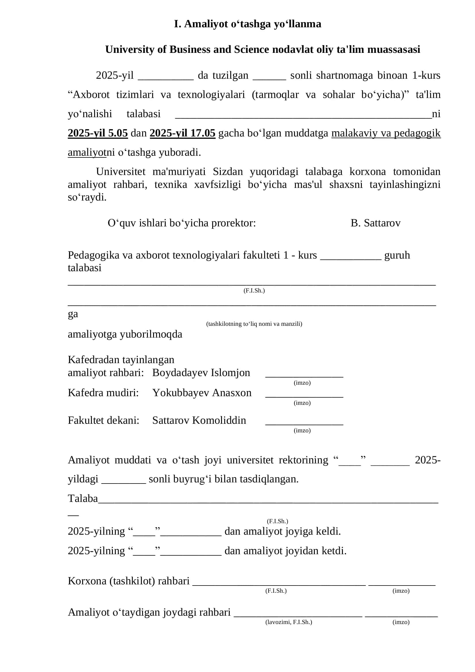 MALAKAVIY AMALIYOT O‘TASH BO‘YICHA KUNDALIK 2