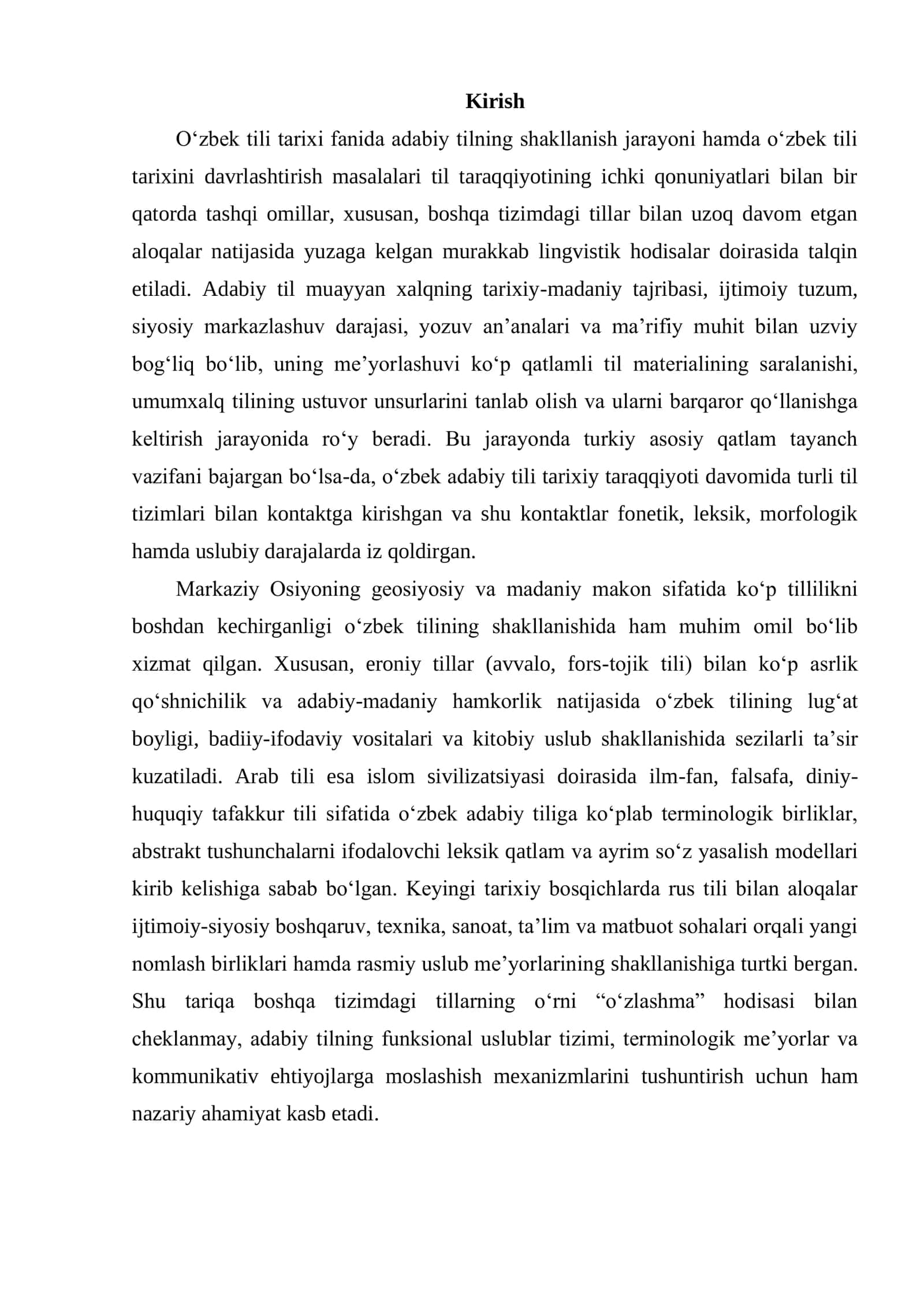 ADABIY TILNING SHAKLLANISHIDA BOSHQA TIZIMDAGI TILLARNING O‘RNI. O‘ZBEK TILI TARIXINI DAVRLASHTIRISHDA TILSHUNOS OLIMLARNING TASNIFI 2