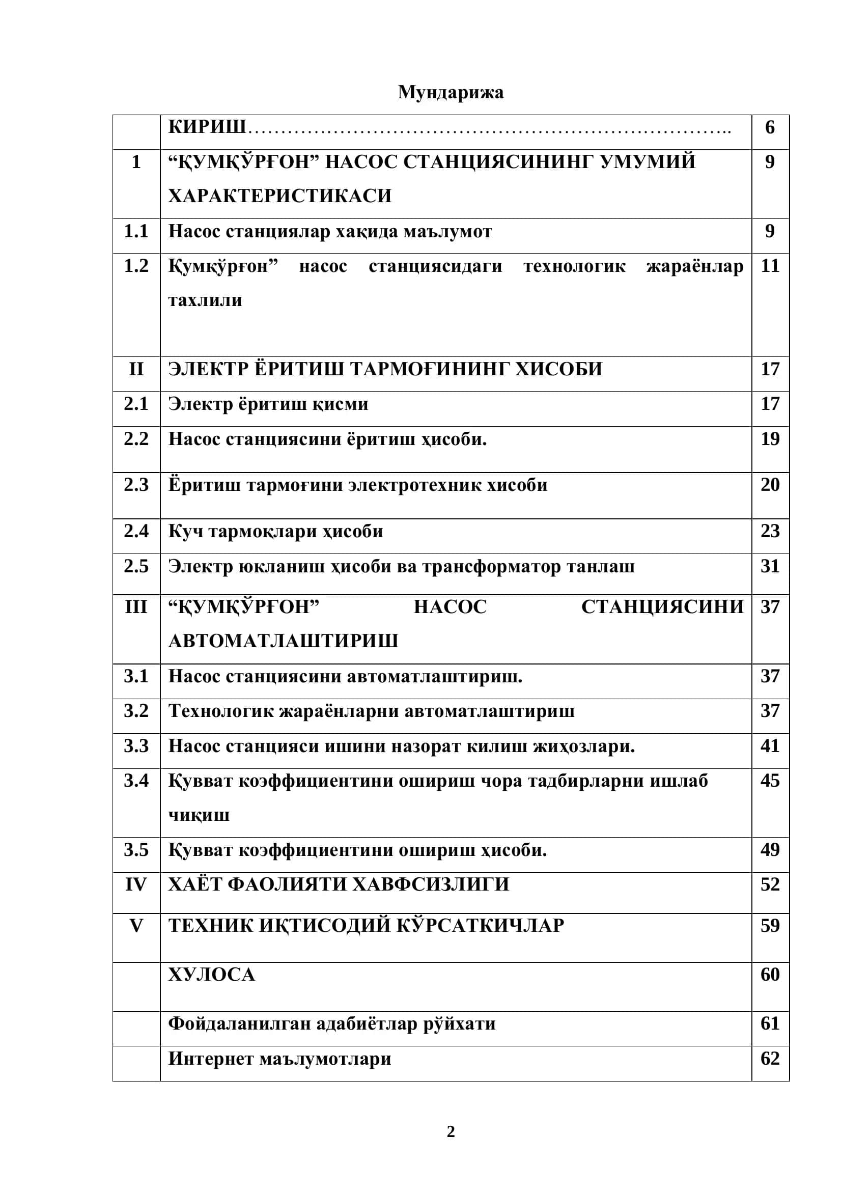 Қумқўрғон насос станциясини лойиҳалаш ва электротехник ускуналардан самарали фойдаланиш чора-тадбирларини ишлаб чиқиш 2