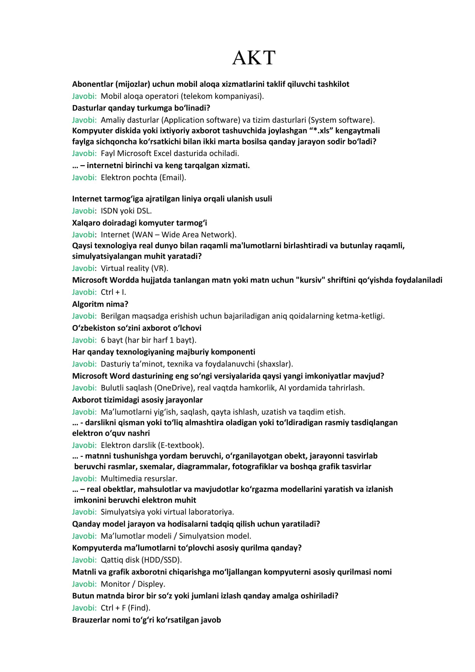 ARGOS TEST SAVOLLARI VA JAVOBLARI. IQ, AKT, Davlat tili, Milliy qonunchilik 2