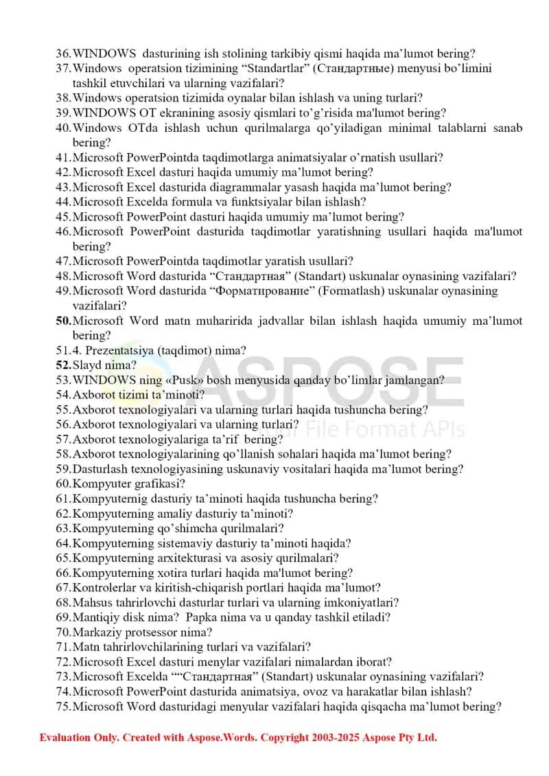 Axborot texnologiyalari fanidan mustaqil ish savollari to‘plami 2