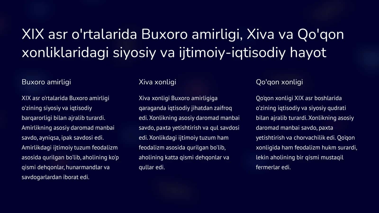 XIX asr o'rtalarida O'zbek xonliklari siyosiy va ijtimoiy-iqtisodiy hayot 2