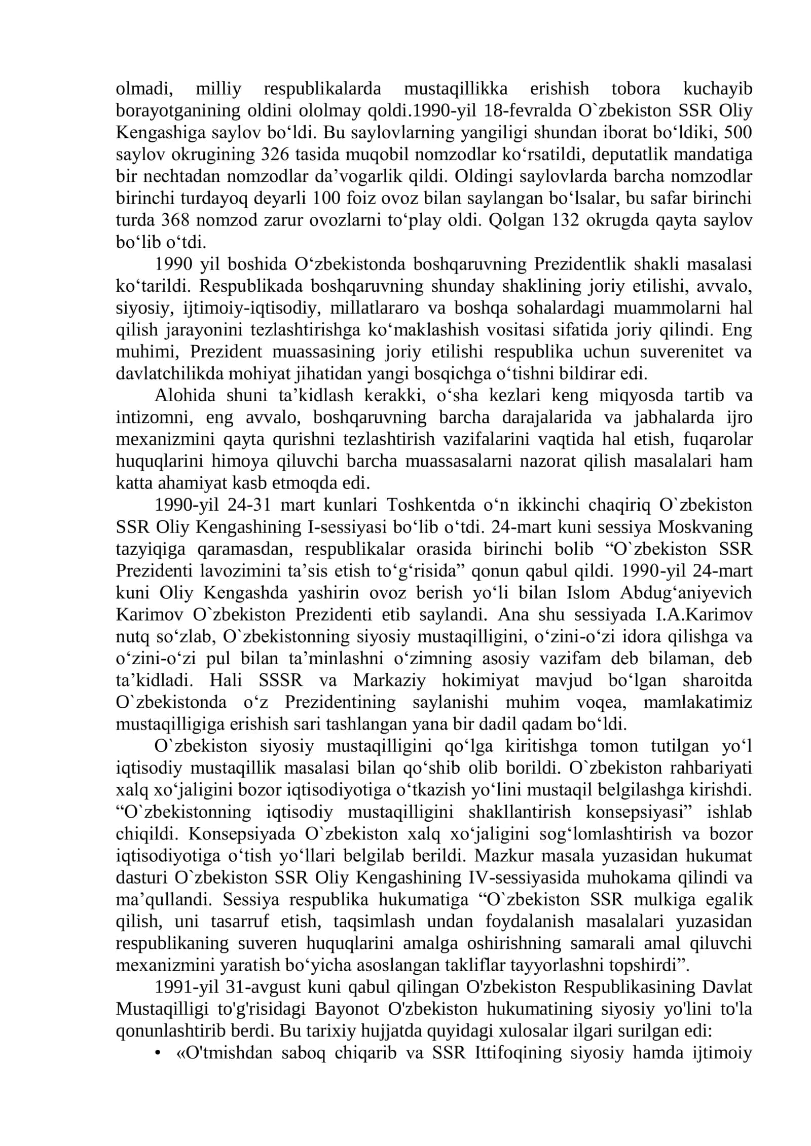 O‘ZBEKISTON RESPUBLIKASI MUSTAQILLIGINING E’LON QILINISHI VA UNING TARIXIY AHAMIYATI 2