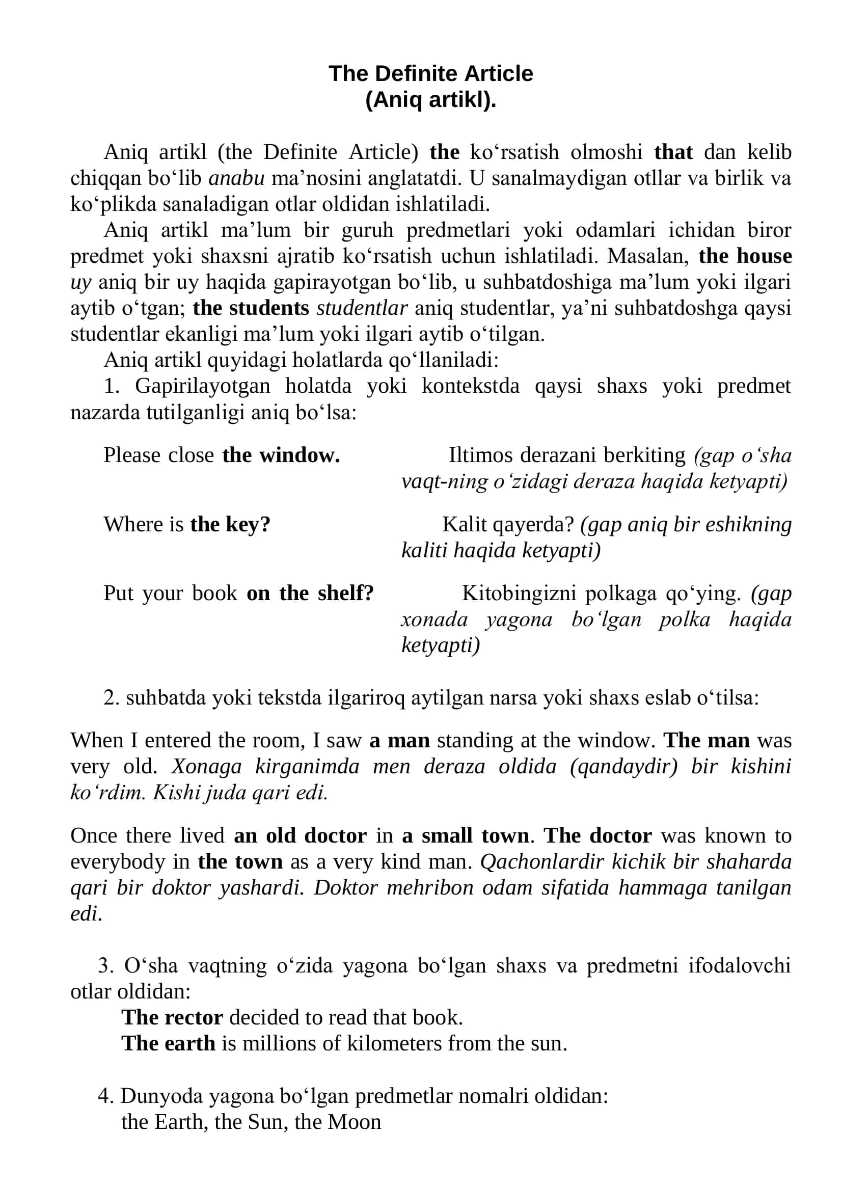 Aniq artikl (the Definite Article) 2