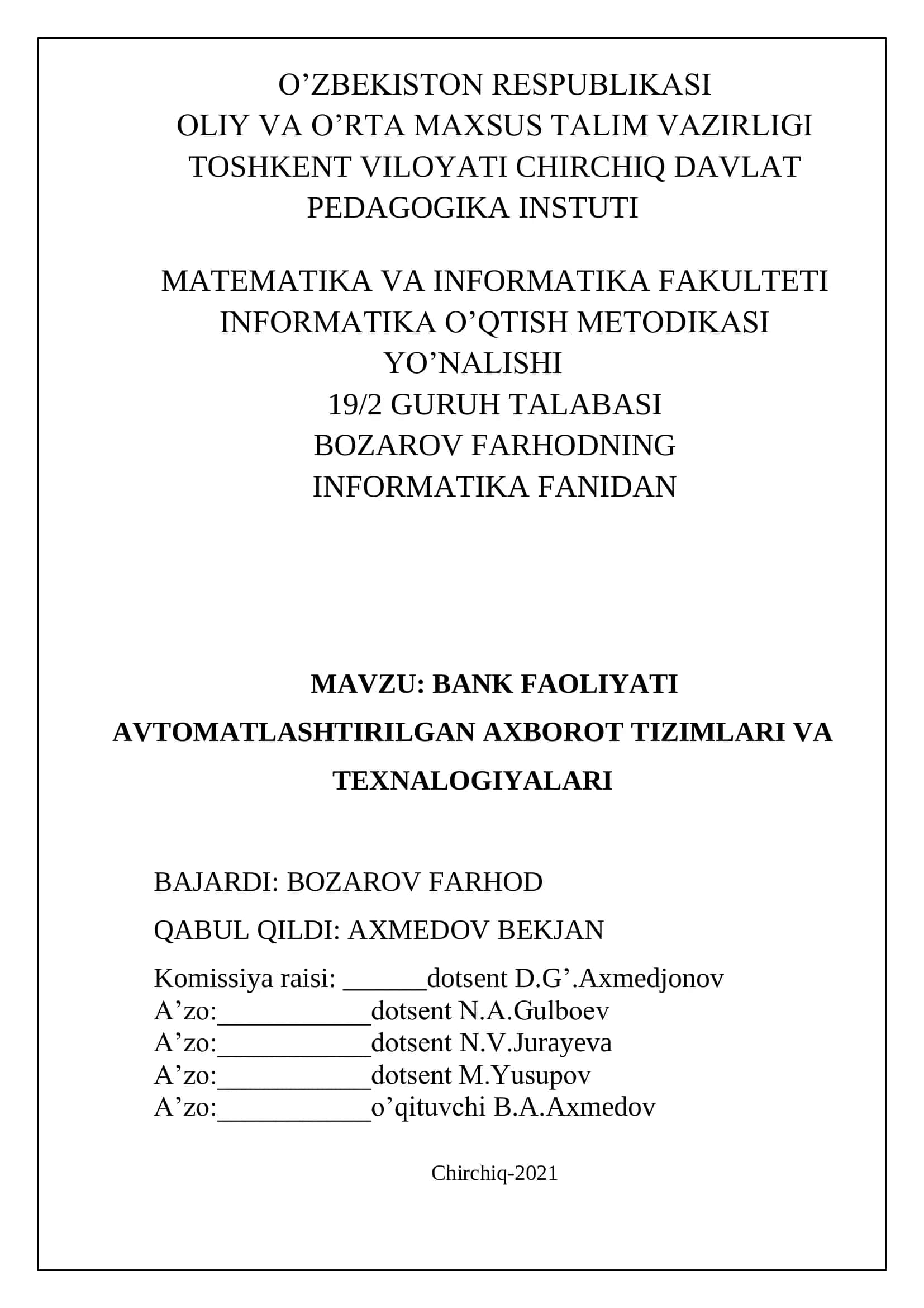 BANK FAOLIYATI AVTOMATLASHTIRILGAN AXBOROT TIZIMLARI VA TEXNALOGIYALARI 2