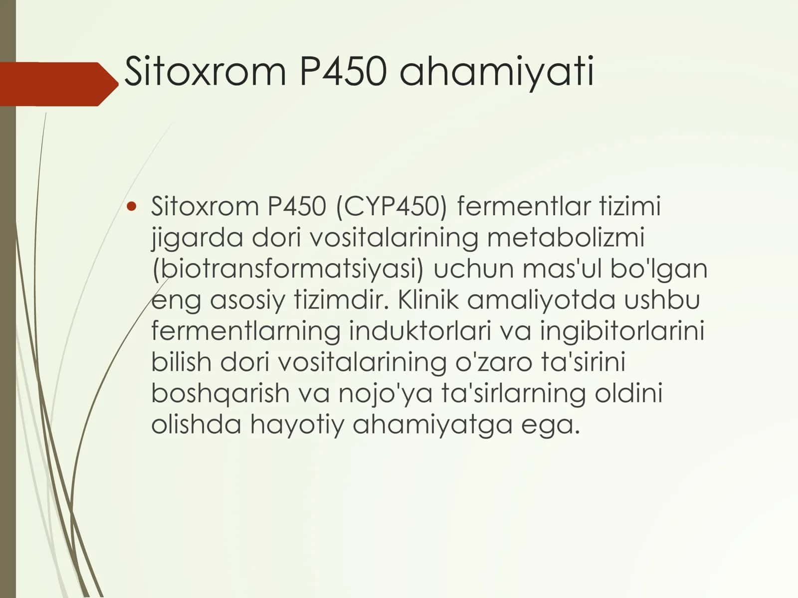 Sitoxrom P450 induktorlari va ingibitorlarini klinikada qo’llanilishi.Sitoxrom P450 geni polimorfizmi, davolashning personifikasiya asoslari. Etanol metabolizmi. ALDG fermentining izoformalari 2