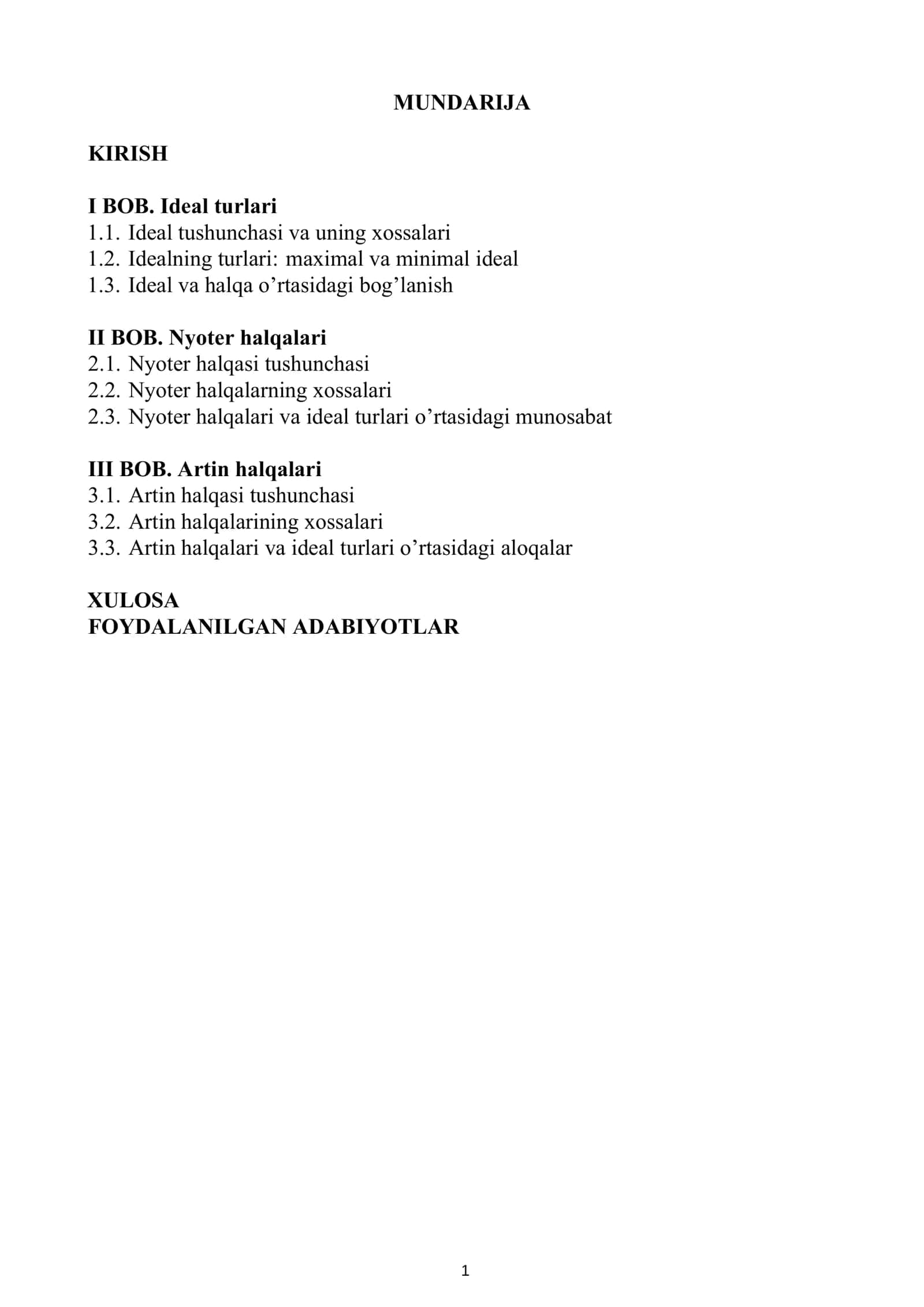 Ideal turlari. Nyoter va Artin halqalari KURS ISHI 2