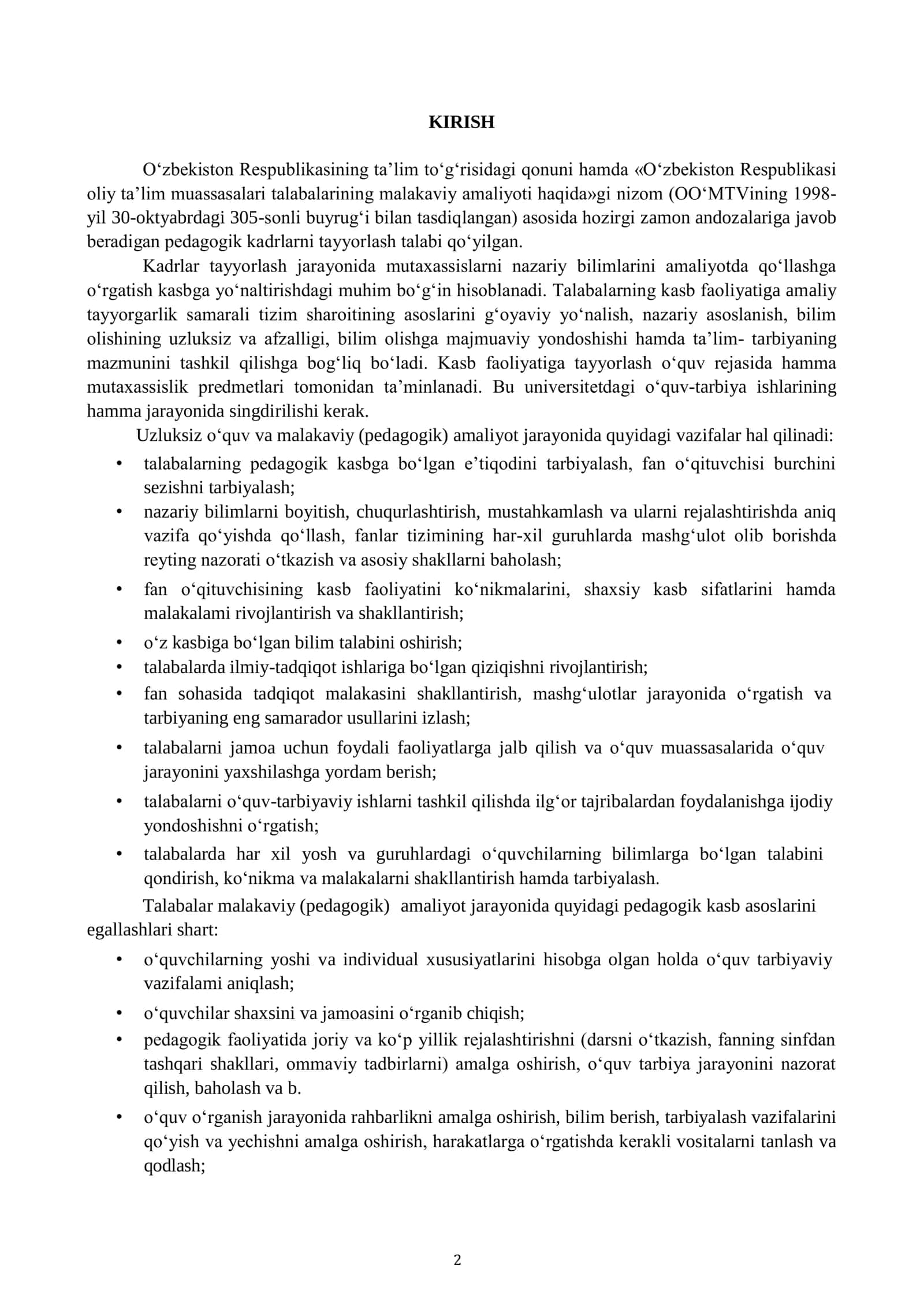 MALAKAVIY (PEDAGOGIK) AMALIYOT davrida yozgan KUNDALIGI 2