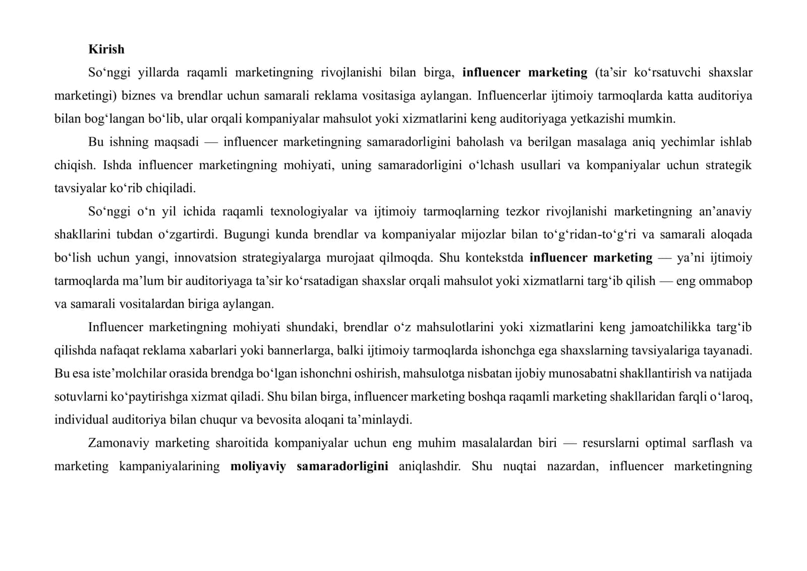 INFLUENCER MARKETING SAMARADORLIGINI BAHOLASH VA BERILGAN MASALAGA ANIQ YECHIMLAR ISHLAB CHIQISH 2