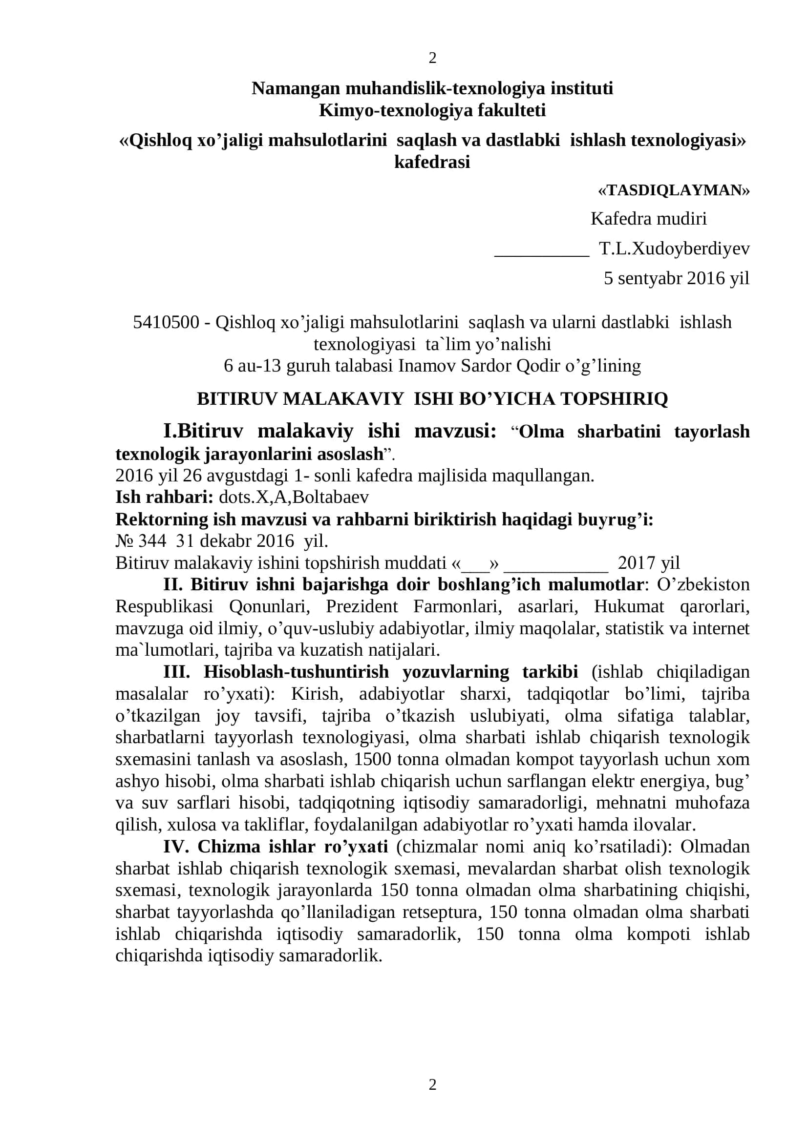 Qishloq xo'jaligi mahsulotlarini saqlash va dastlabki ishlash texnologiyasi ta'lim yo'nalishi bitiruvchisi 2