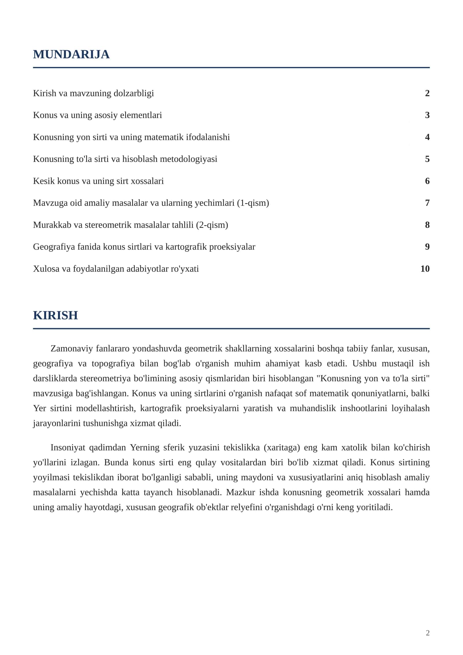 Konus yon va to'la sirti (Geografik proeksiyalar bilan bog'liqligi) 2