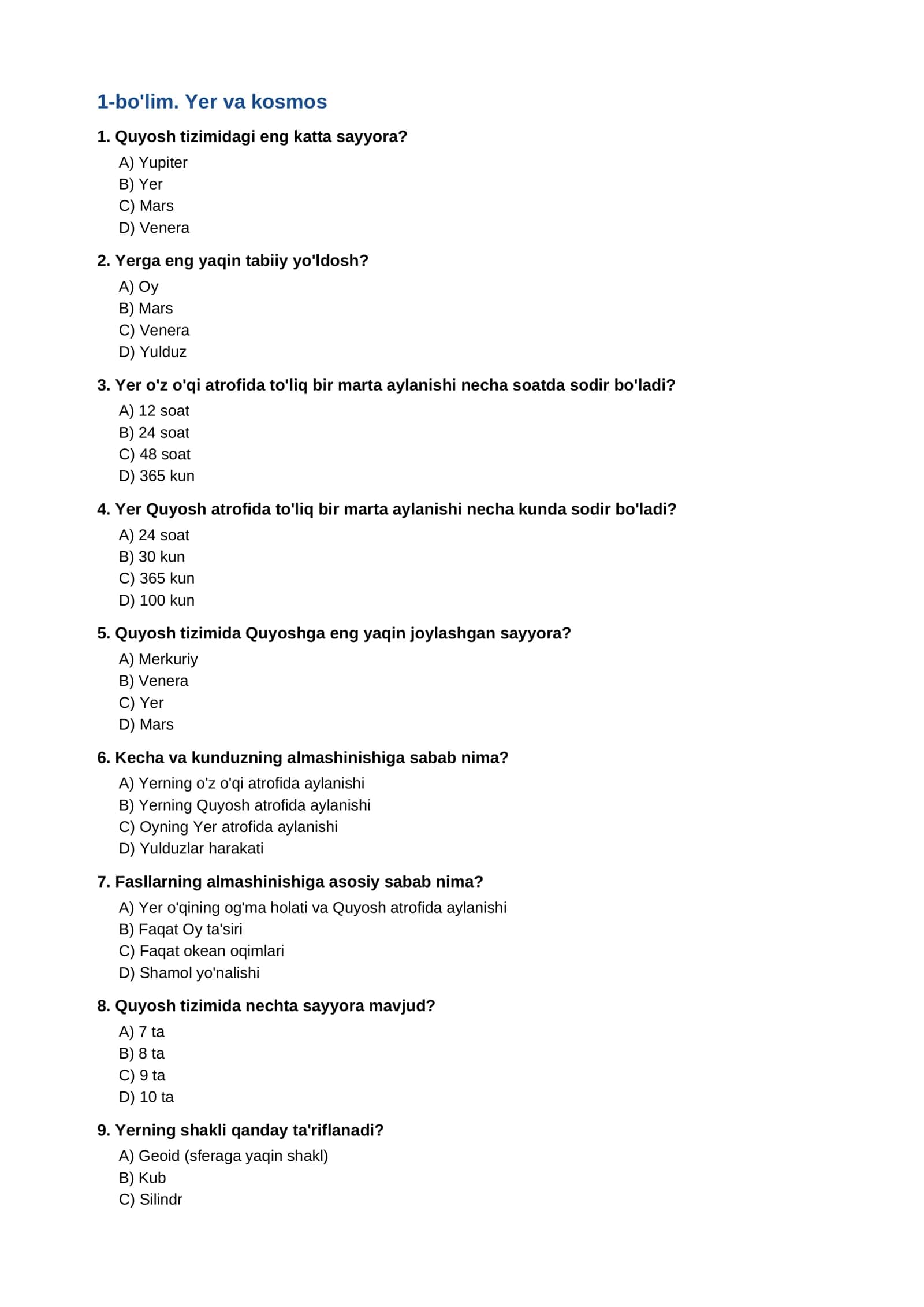 GEOGRAFIYA FANIDAN TEST TOPSHIRIQLARI 2