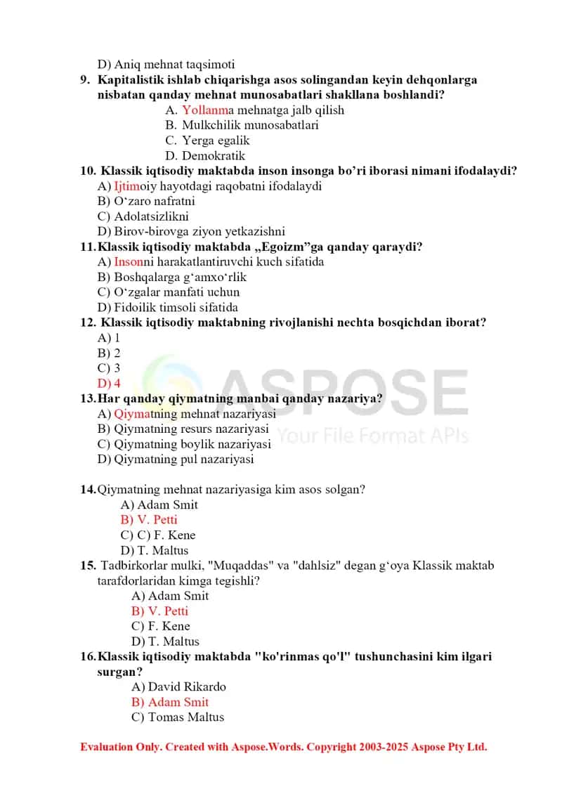 Klassik iqtisodiy maktab nazariyasi bo‘yicha test savollari 2