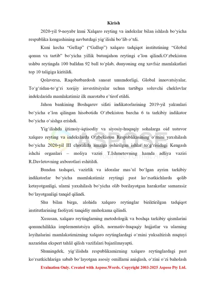 Siyosiy-huquqiy sohadagi ustuvor halqaro reytinglar va ularga O‘zbekistonning integratsiyalashuvi. 2